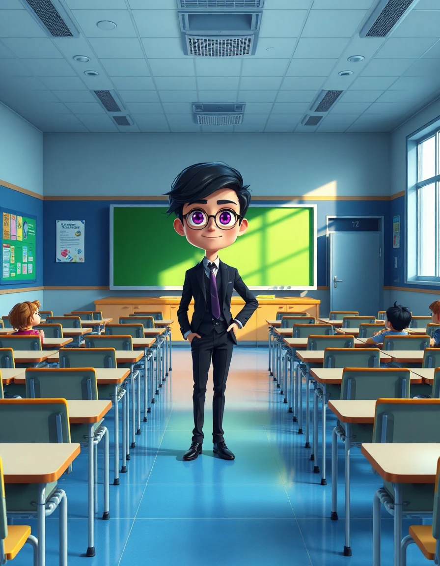 A beautiful modern anime-style classroom in high-quality 3D cartoon CGI style, bright and cinematic atmosphere.
The classroom is spacious with blue and grey themed walls, large windows with sunlight coming inside, many student desks and chairs arranged neatly.
At the front side of the classroom there is a large green teaching board, and beside the board there is a classroom door slightly open.
The stylish young male teacher with blackish-purple hair and glowing blackish-purple eyes is entering through the door confidently.
He is wearing elegant black teacher clothes with a dark purple tie, exactly like a futuristic anime teacher character.
Some students are sitting and looking toward the teacher with excitement.
Beautiful lighting, soft shadows, ultra detailed environment, clean classroom, motivational posters on walls, realistic cartoon textures, Pixar + anime inspired style, colorful and cinematic mood.
Full classroom visible in wide-angle front view, masterpiece quality, highly detailed 3D cartoon render.