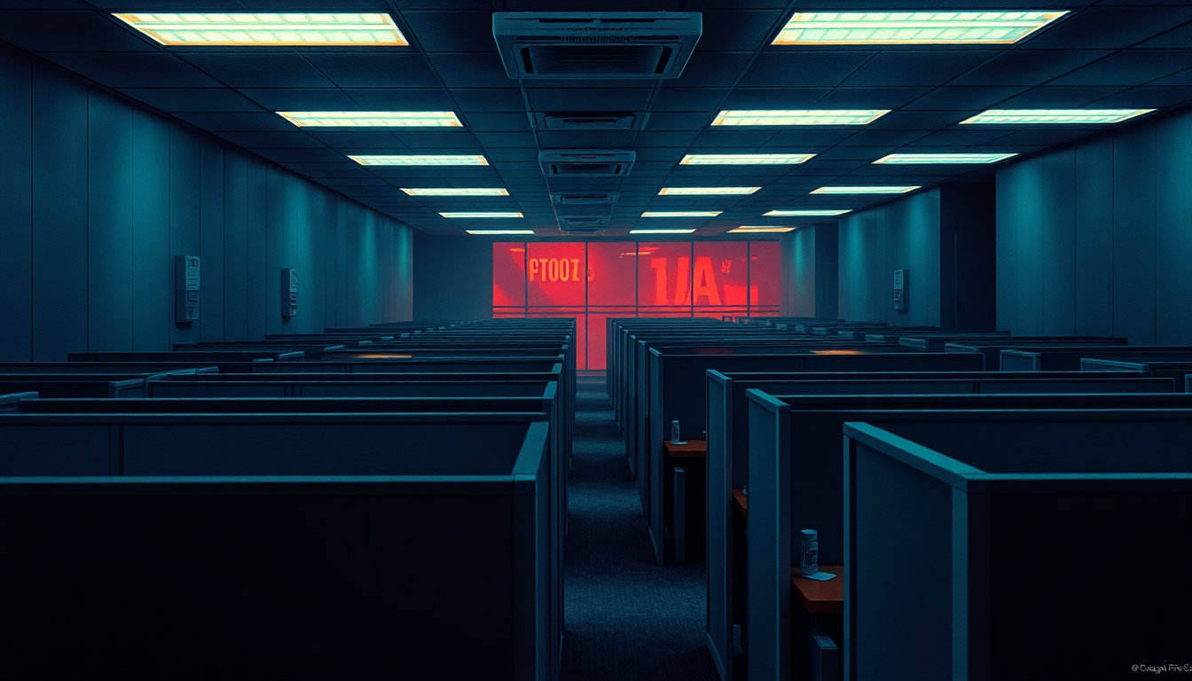 in a dimly lit, eerie liminal space, a cluster of utilitarian office cubicles sprawls out before us, their stark, featureless walls seeming to writhe and twist in the faint glow of fluorescent overheads. every so often, a cubicle is interrupted by a narrow glass partition, its panes reflecting the faint hum of a distant ventilation system. beyond these narrow, rectangular cells, a kaleidoscope of vibrant hues and sharp lines burst forth, reminiscent of j.c. leyendecker's classic vintage illustrations, complete with hard-edged shading and crisp, high-contrast colors. to one side, an 80s graphic novel comes to mind, its bold, dynamic energy infusing the entire scene with a rebellious spirit, as if the very walls and furniture are pulsing with a raw, unbridled energy. every surface is bathed in an intense, saturated light, imbued with the hyper-realism of a masterpiece that defies the boundaries of the mundane office environment. however, upon closer inspection, the overall effect becomes one of digital oil painting's mastery, as the very fabric of reality begins to warp and bend under the influence of layered glazes and textured brushstrokes. every surface seems to shift and ripple, as if the very atmosphere itself is alive and in motion. in this digital realm, the tactile sensation of physical media is replaced by a painterly sensibility, replete with subtle nuance and refinement. throughout this space, the eerie ambiance of the office cubicles persists, tempered by the vibrant, almost otherworldly quality of the surrounding artistry. the characters, caught in this liminal realm, seem frozen in time, their concept-art quality refinement rendering them as static, almost two-dimensional entities, suspended in a world that is both familiar and yet, utterly surreal.