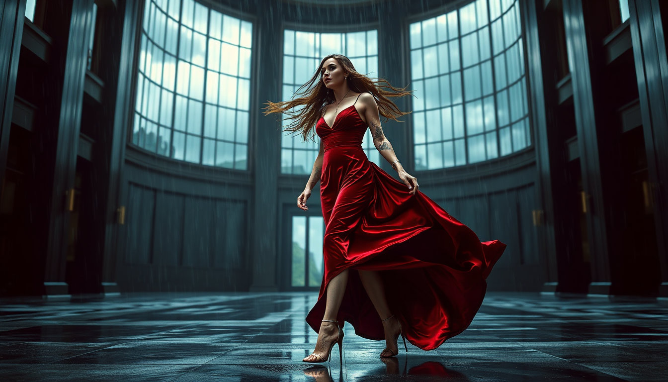 a beautiful woman with long hair blowing in the wind, tattoos, wearing a flowing bloody red velvet dress and stilettos, strides through a grand hall of high ceilings and large rain‑streaked windows under dark clouds, rendered in abel metal art style: solid polished steel and gunmetal surfaces, brushed chrome textures, heavy industrial metallic forms, ultra‑high detail craftsmanship, cinematic studio lighting with strong side key light shaping her silhouette, intense rim light outlining sharp metallic edges, controlled fill light preserving shadow detail, high‑contrast lighting, crisp highlights, sharp specular reflections, micro‑scratches catching light, cold steel‑gray, deep blue and black palette, subtle bloom on highlights, dramatic light falloff, premium fantasy painterly realism combined with hyper‑real detail.