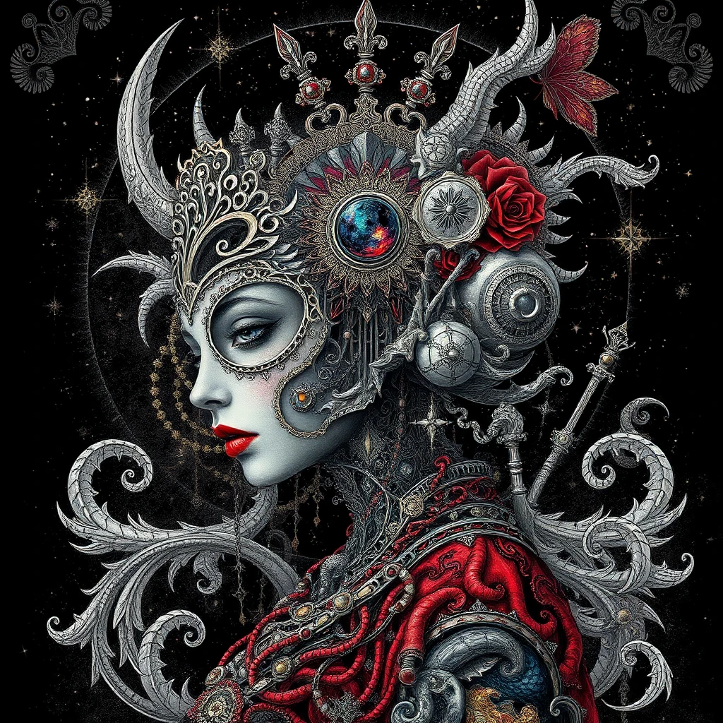 **Medium:** Digital illustration, vector-based line art, photorealistic rendering, mixed-media collage aesthetic

**Technique:** Intricate line work, stippling, cross-hatching, high-contrast chiaroscuro, intricate filigree, ornamental detailing, mechanical precision, surreal juxtaposition, layered composition, hybrid realism and fantasy

**Color Treatment:** High-saturation palette, jewel tones, metallic silver and gold accents, deep crimson and cobalt blue, iridescent iridescence, muted sepia undertones, vibrant multicolor fractal patterns, stark monochrome contrast

**Value & Contrast:** Extreme tonal range, deep blacks and bright highlights, dramatic chiaroscuro, high-contrast silhouette, luminous highlights, dark atmospheric background, sharp value separation

**Era / Movement:** Art Nouveau, Victorian Gothic, Steampunk, Symbolism, Surrealism, Baroque ornamentation, Deco influences, fantasy realism

**Overall Aesthetic:** Ornate, intricate, surreal, baroque, steampunk, fantasy, decorative, high-detail, richly textured, symbolic, dramatic