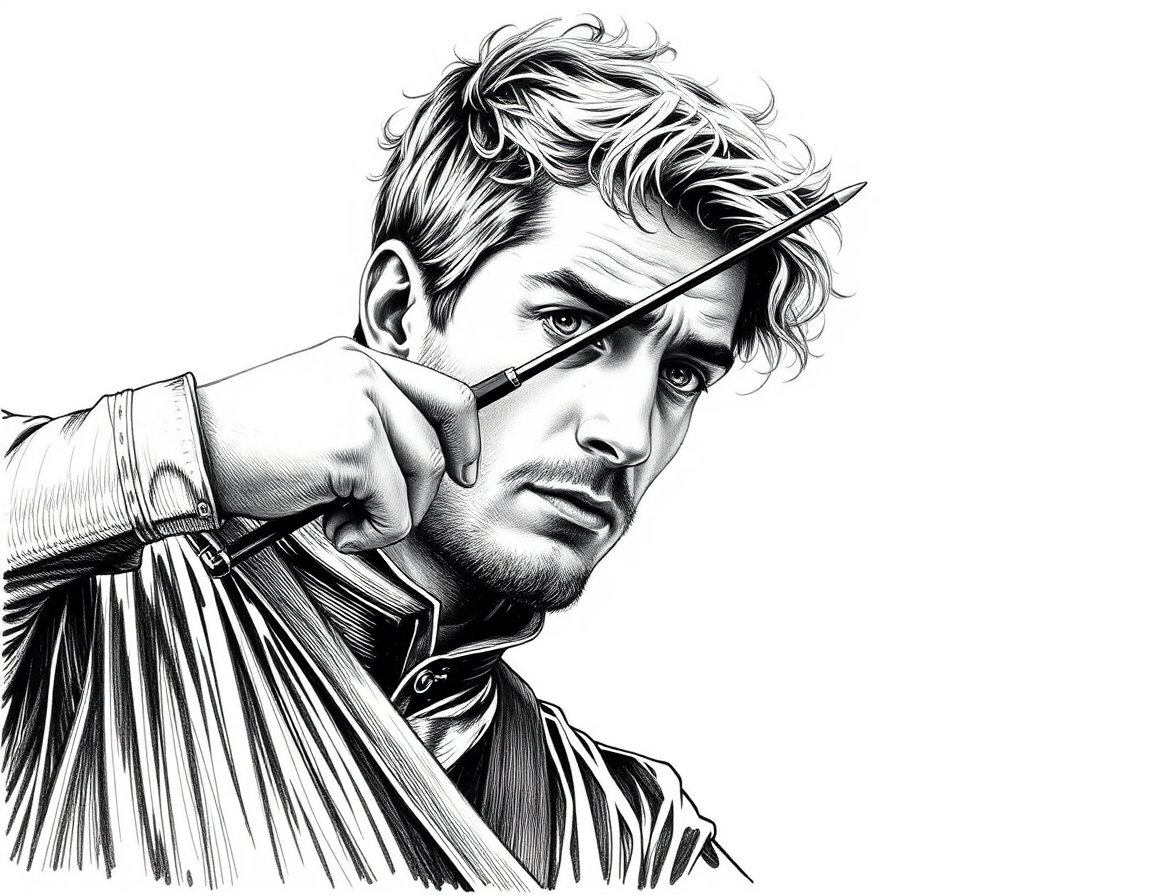 disegna un sagittario al galoppo Realizza un ritratto in uno stile di illustrazione a inchiostro bianco e nero, caratterizzato da un tratteggio incrociato (cross-hatching) estremamente preciso e dettagliato, tipico dell'incisione classica. Linee sottili e fitte definiscono le ombre, i volumi e i contorni, creando un forte contrasto con lo sfondo bianco puro. Lo stile deve evocare l'estetica delle illustrazioni editoriali d'epoca, con una resa materica e tecnica, evitando sfumature morbide in favore di una texture definita esclusivamente da segni e tratti dell'inchiostro