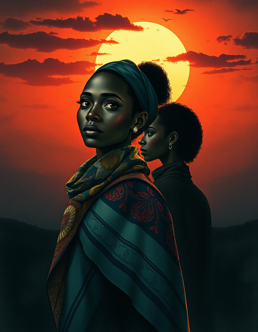 african silhouettes adorned with intricate patterns, wearing a trailing silk scarf, stand before a moody sunset sky; horror underglow lighting from below casts eerie, distorted shadows upward, emphasizing sunken eyes and sharp cheekbones, with an unsettling glow against a dim background; dutch masters watercolor style with soft focus, feathery brush strokes, wet blending, and delicate texture, combined with bauhaus geometric flat vector shapes and sharp edges; subtle rose‑tinged flesh, nuanced greens, and vibrant indigo and ochre scarf illuminated by the underglow; lithograph‑ink texture beneath glazed layers and calligraphic floral ornamentation framing the asymmetrical composition.