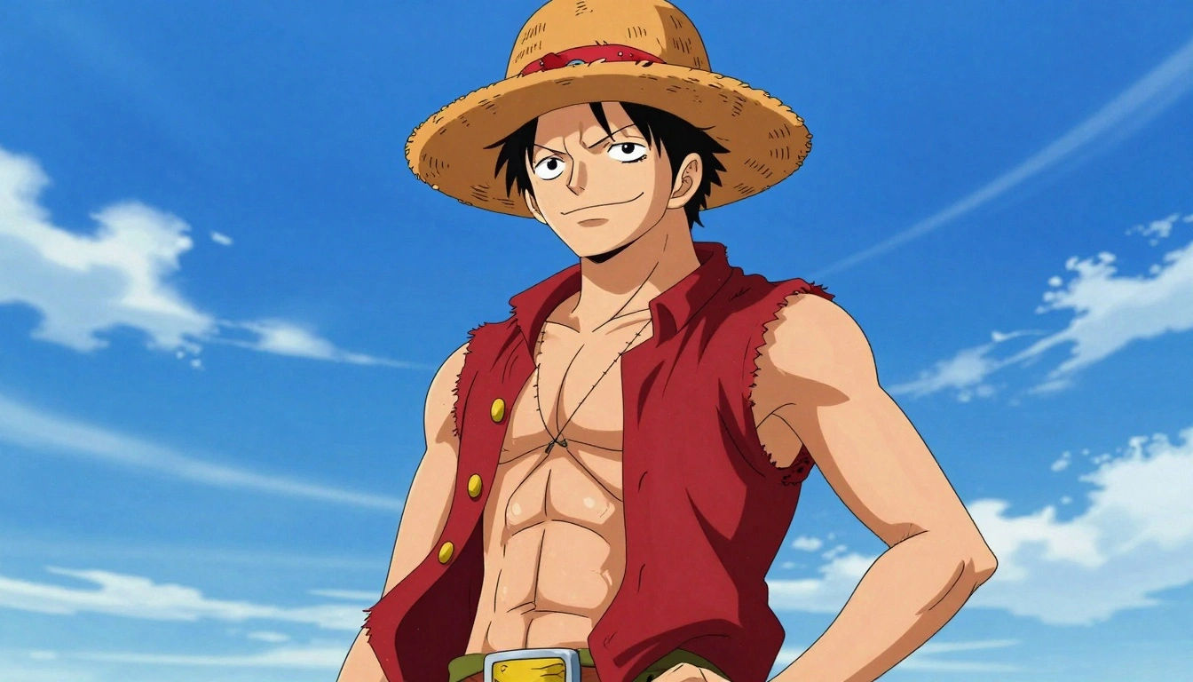 Anime-inspired pirate captain with straw hat, red open vest, scar under left eye, confident smile, standing against dynamic sky background, original pose, cel-shaded illustration style, bold clean lineart, vibrant colors, high contrast, no text, no logo, no watermark, original fan art, ultra high resolution, suitable for t-shirt and sticker design