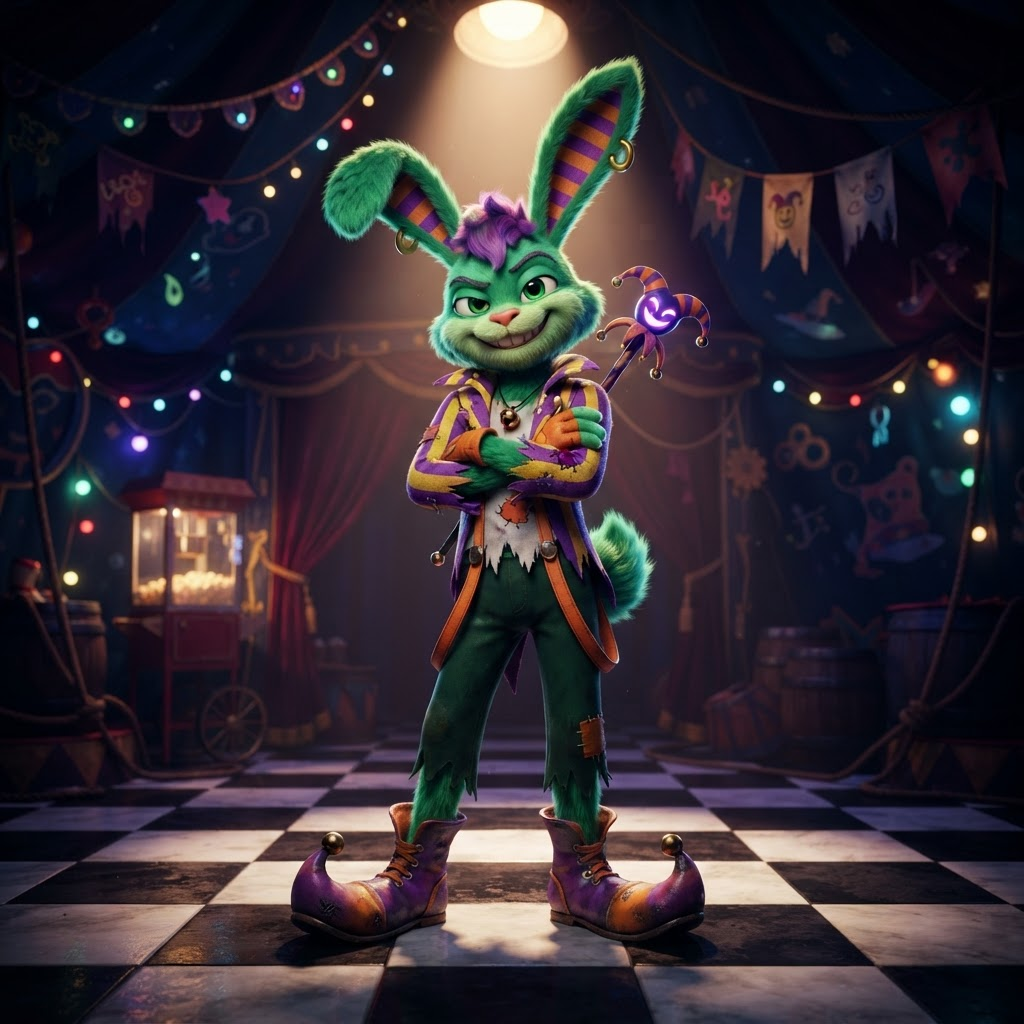 Original tall rabbit trickster OC inspired by Jax, green fur