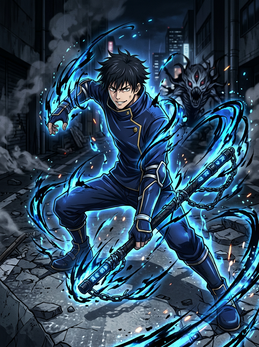 an original jujutsu sorcerer character, confident battle stance, glowing cursed energy swirling around the body, sleek dark sorcerer uniform, signature weapon, Jujutsu Kaisen anime style, cinematic MAPPA-inspired action, crisp cel shading, dynamic cursed-energy effects, dramatic ink linework, high-contrast lighting, fluid action poses, detailed sorcerer uniforms, intense facial expressions