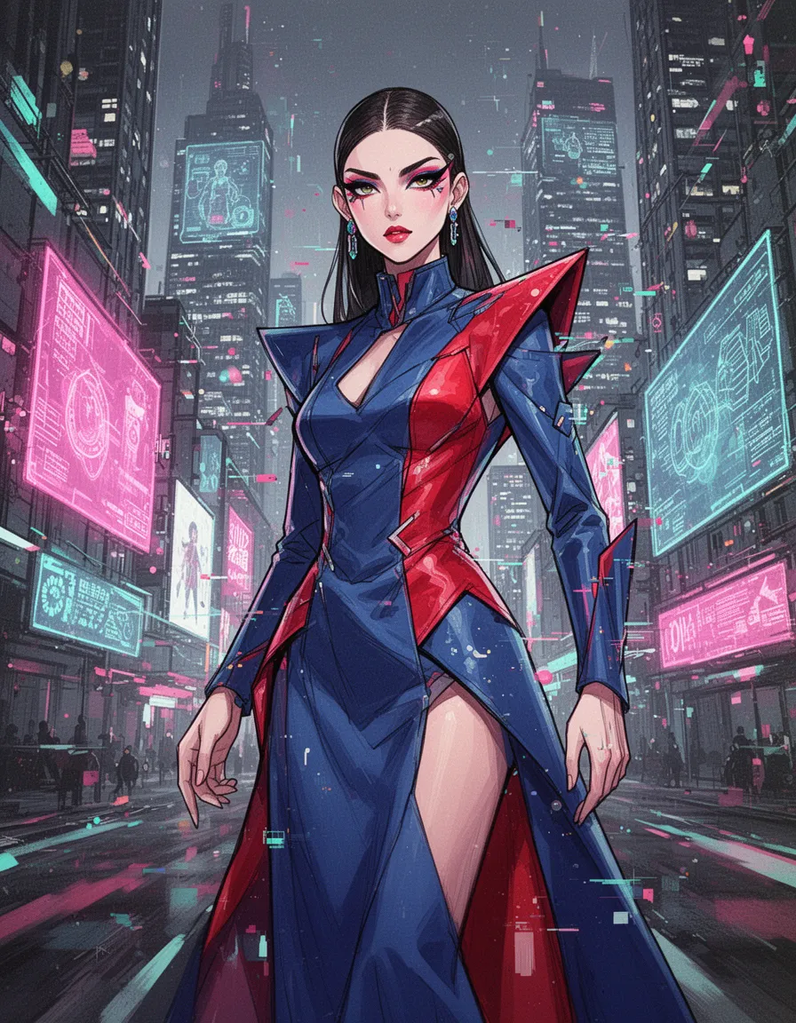 a modern couture model in a dramatic avant-garde outfit with bold cobalt and red palette, dramatic eyeliner, and glossy textures, stands confidently amidst a dystopian cityscape of neon-lit skyscrapers and holographic advertisements, where the air is thick with the hum of technology and the glow of high-intensity led lights, as if captured in a split-second of high-speed motion, with sharp, geometric shapes and flat, high-contrast shading, rendered in a style of high-contrast cyber-anime, with bold, vector-based lines, digital airbrushing, and glitch art effects, evoking a sense of high-tech futurism and modern rebellion.
