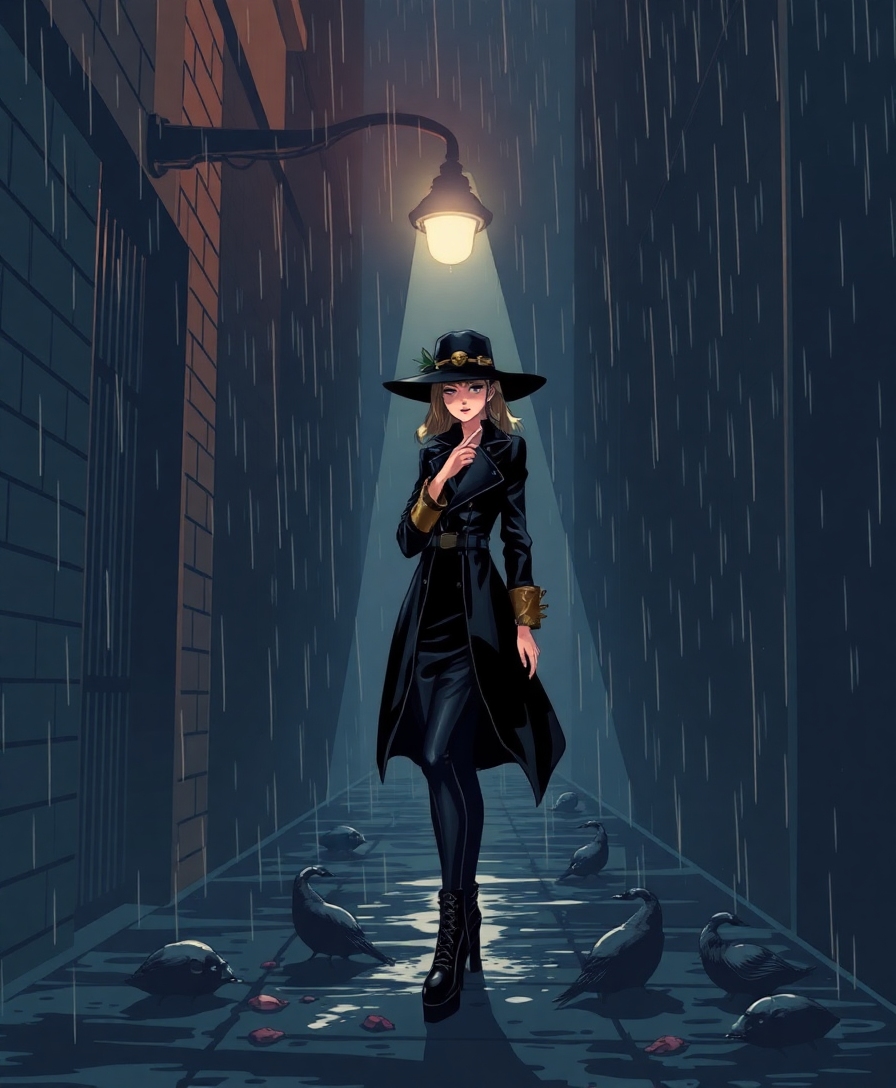 une femme élégante en chapeau skull gothique de cuir noir, bottines courtes à motif skull, entourée de gargouilles sur un fond sombre, dreamlike stillness, couleurs pastel douces, brume légère, contours flous, atmosphère sereine et surréaliste, lumière filtrée par une légère brume, mouvement lent et silencieux.A detective stands under a flickering streetlamp in a rain-slicked alley, cigarette ember glowing. COMPOSITION: strong diagonal from streetlight to figure; deep shadows swallowing background. LIGHTING: harsh high-contrast noir, single key light with sharp-edged cast shadows; rain catches individual specular hits. STYLE: anime neo-noir—limited palette (black, steel-blue, crimson), heavy line weight, graphic silhouettes. MOOD: moody, stylish, minimal.