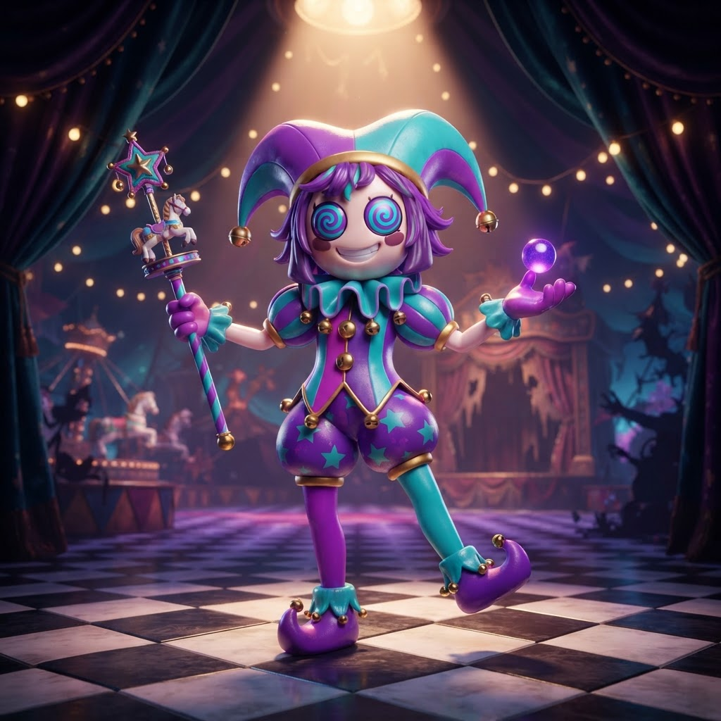 Original jester OC inspired by Pomni, purple and teal, spiral eyes