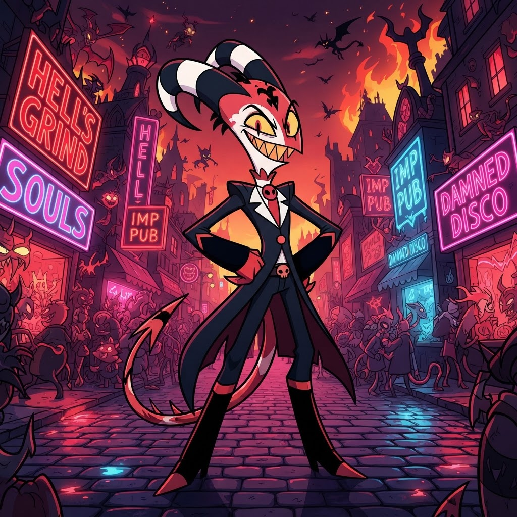 cartoon imp demon character, red and white striped skin, small curved black horns, long thin arms and legs, wide sharp-toothed grin, black suit with red tie, standing on a neon street in a city of hell at night, thick bold line art, flat cel shading, 2D western cartoon style, full body