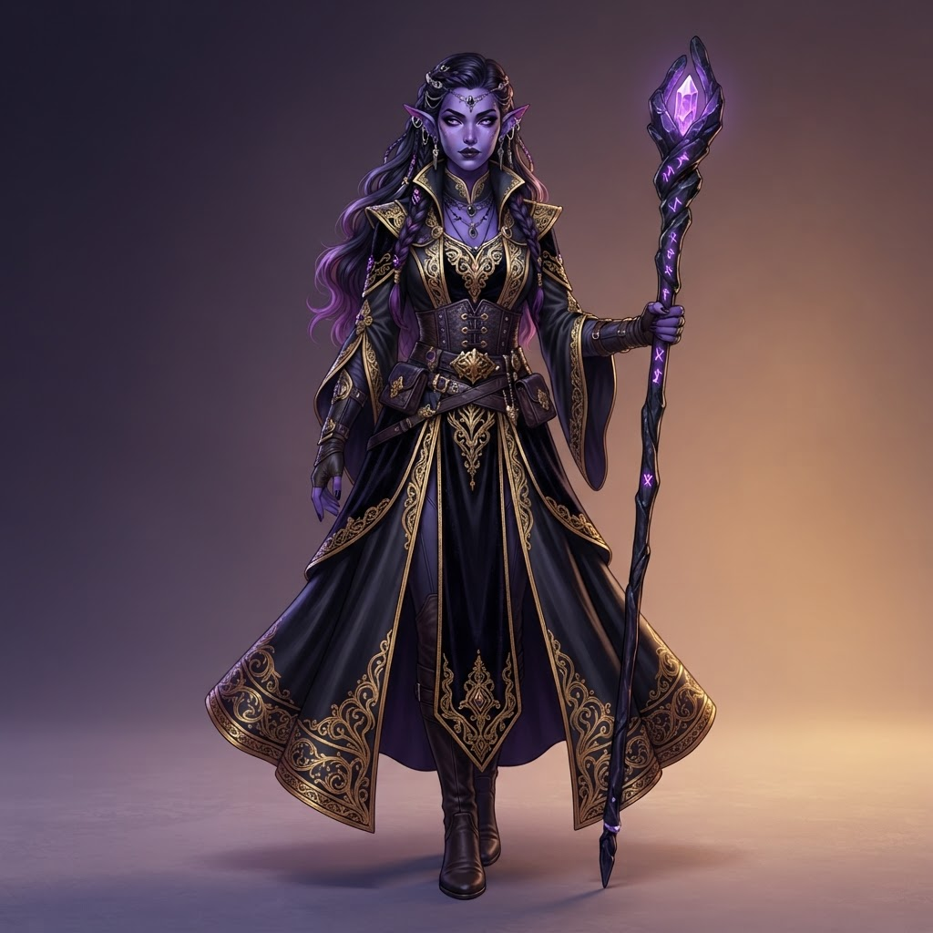 original character design of a dark elf woman with deep violet skin, black and gold layered robes, obsidian staff, pointed ears, full body standing pose, clean soft gradient studio background, vibrant, crisp high detail, digital illustration, no text, no words, no watermark