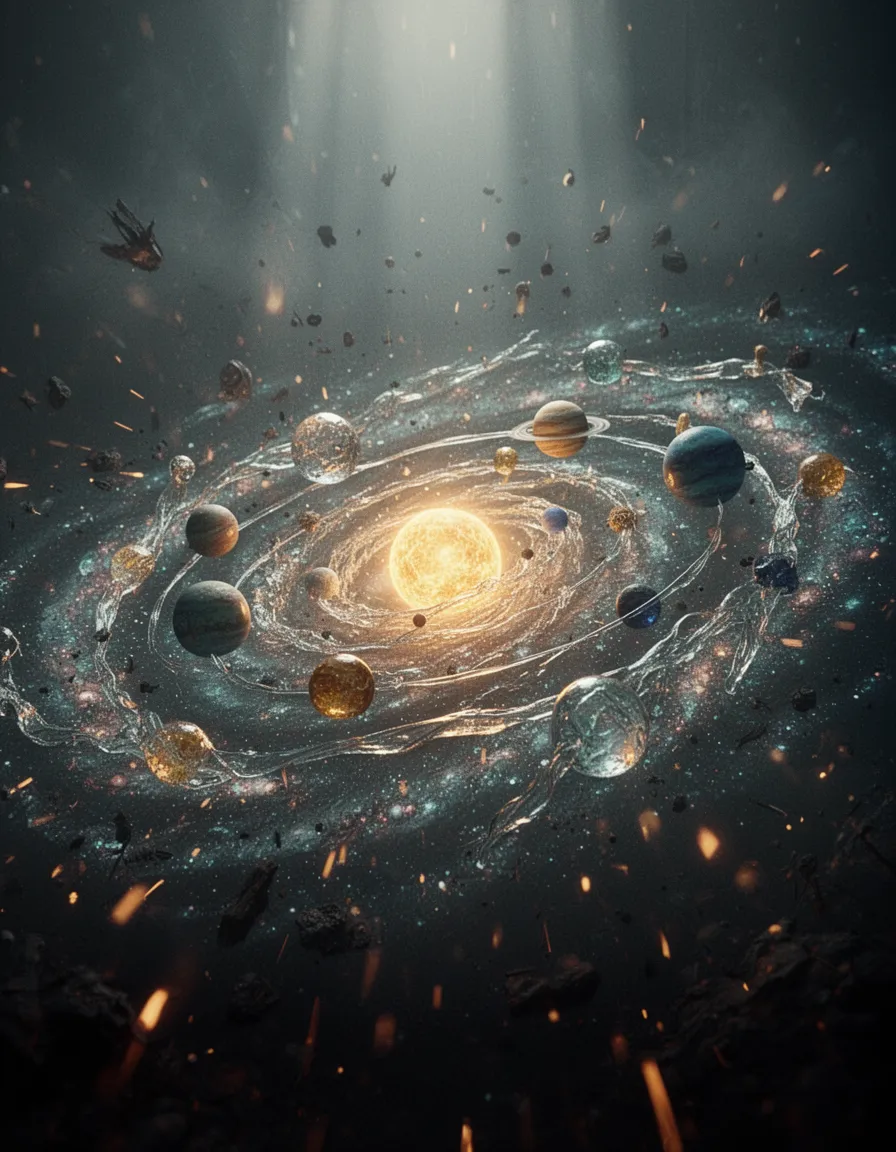in a majestic cinematic still, an ultra-realistic 70mm imax film photograph dominates the scene, boasting breathtaking large format film photography and cinematic, legendary epic masterpieces. shot on the arri alexa 65 camera with panavision primo anamorphic lenses, it captures a dramatic widescreen composition, perfectly executed according to the rule of thirds or dynamic diagonal framing, and featuring the golden ratio. soft cinematic rim lighting, elegant practical rim light, gentle glowing edge highlights, and beautiful soft backlighting with natural light wrapping create a truly immersive atmosphere. volumetric god rays with diffused atmospheric lighting and balanced dramatic side lighting add depth to the picture, while subtle fill light and multiple layered practical lighting with controlled intensity bring out the intricate textures on every surface. in the foreground, an awe-inspiring cosmic galaxy shines brightly, crafted entirely out of translucent, hand-blown glass, its delicate tendrils and swirling patterns seemingly alive. at the galaxy's center, a solar system orbits majestically, its individual components – planets, stars, and celestial bodies – rendered in exquisite detail, as if crafted from glass. the entire scene is rendered in crystal clear glass, its clarity unblemished by any aberrations. in the background, atmospheric perspective and volumetric fog create a sense of depth, with floating particles, embers, ash, sparks, and dust in light beams adding a touch of mystery to the cosmos. the overall effect is one of photorealistic filmic perfection, with a subtle vignette, moody cinematic color grading, and teal shadows and warm golden highlights all working in harmony to create a masterpiece of cinematic storytelling.