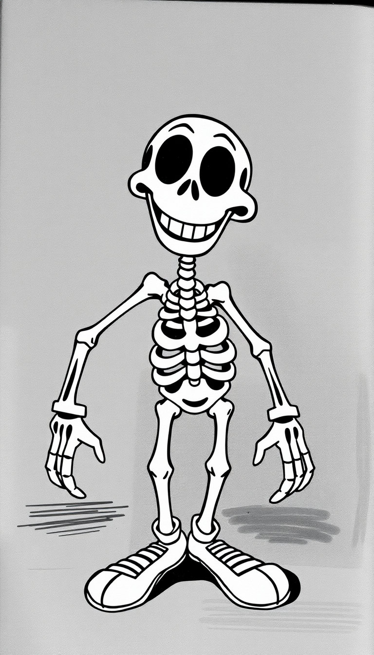 1930s Fleischer-style rubber hose cartoon character, anthropomorphic skeleton , expressive pie-cut eyes, giant vintage cartoon smile, bendy rubber hose arms and legs, white gloves, oversized shoes, cheerful spooky personality, authentic early 1930s cel animation aesthetic, old-fashioned haunted radio character, black and white vintage film frame, hand-painted background, surreal Fleischer atmosphere, thick ink outlines, subtle animation wobble, film grain, cel dust, monochrome ink shading, vintage cartoon proportions, highly authentic rubber hose animation style