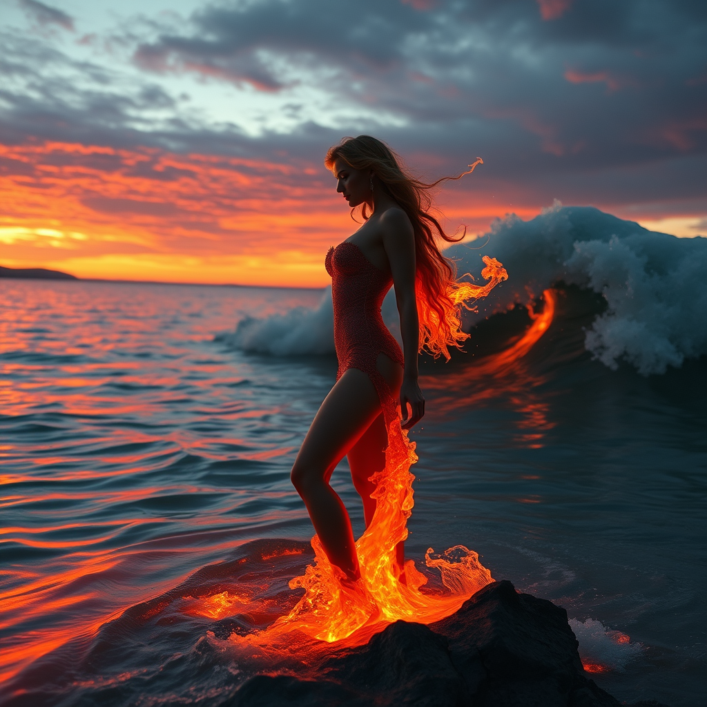 "blazing siren by the molten wave: a fiery temptress stands poised at the edge of a pool aflame, shimmering embers dancing on the rippling surface as sunset kisses the hellfire sky."