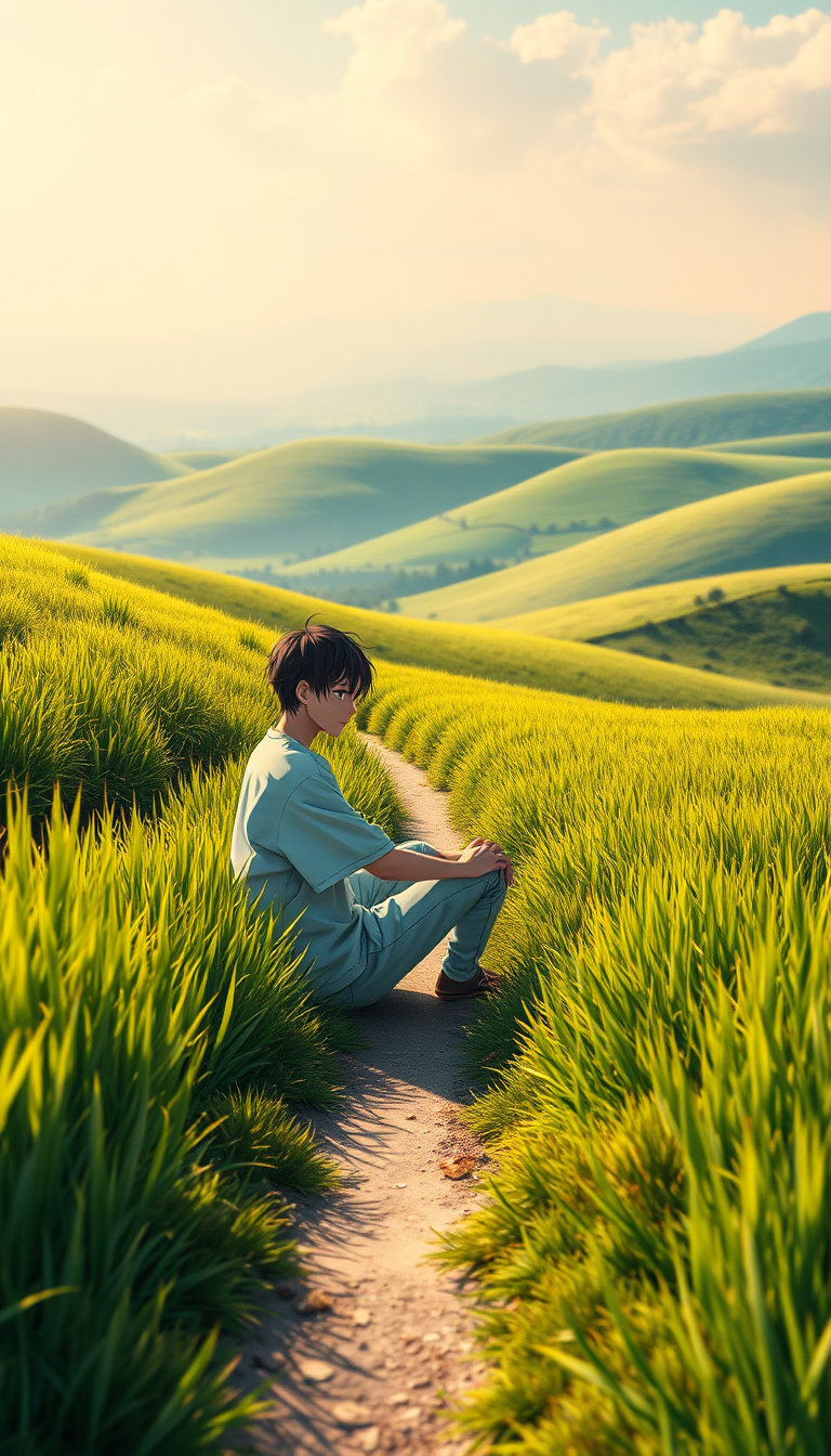 in a serene and picturesque countryside landscape, bathed in the warm, soft glow of a natural morning light, an aesthetically pleasing anime youth sits alone on a narrow winding path, flanked by an ocean of lush, vibrant green grass that stretches as far as the eye can see. the gentle breeze stirs the blades of grass, causing them to sway and rustle softly, creating a soothing melody that harmonizes with the peaceful ambiance. the path beneath his feet is lined with tall, grassy mounds, creating an intimate and secluded ambiance, where the only sound is the gentle rustling of the grass and the whispers of the wind.
the anime boy sits with his head slightly downcast, his arms resting gently on his knees, exuding an air of contemplative melancholy. his loose white shirt and light blue jeans blend seamlessly into the serene landscape, as if he has grown from the very essence of the earth itself. his body is characterized by realistic shading, which adds depth and dimensionality to his form, drawing the viewer's attention to his serene and introspective countenance. the background, inspired by the cinematic style of makoto shinkai, is a majestic display of breathtaking scenic beauty, replete with undulating hills, distant mountains, and expansive skies, perfectly capturing the emotional and calming essence of the atmosphere.
the focus of the shot is centred on the anime youth, with the lush greenery and rolling hills receding into the distance, creating a beautiful bokeh effect that adds a layer of depth and dimensionality to the scene. the overall effect is reminiscent of a highly detailed 4k ultra-quality photography, featuring a masterful blend of realistic art, cinematic composition, and breathtaking scenery, transporting the viewer to a world of serenity and tranquility, reminiscent of the films of makoto shinkai.