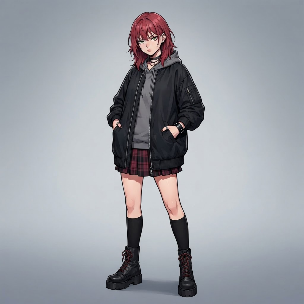 original young woman delinquent gang member character, dyed red hair, plain black oversized bomber jacket with no lettering and no logos, plaid skirt, hands in pockets, standing full body, modern shonen anime style, clean cel shading, bold lineart, soft grey gradient studio background, crisp high detail, no text, no words, no letters, no watermark