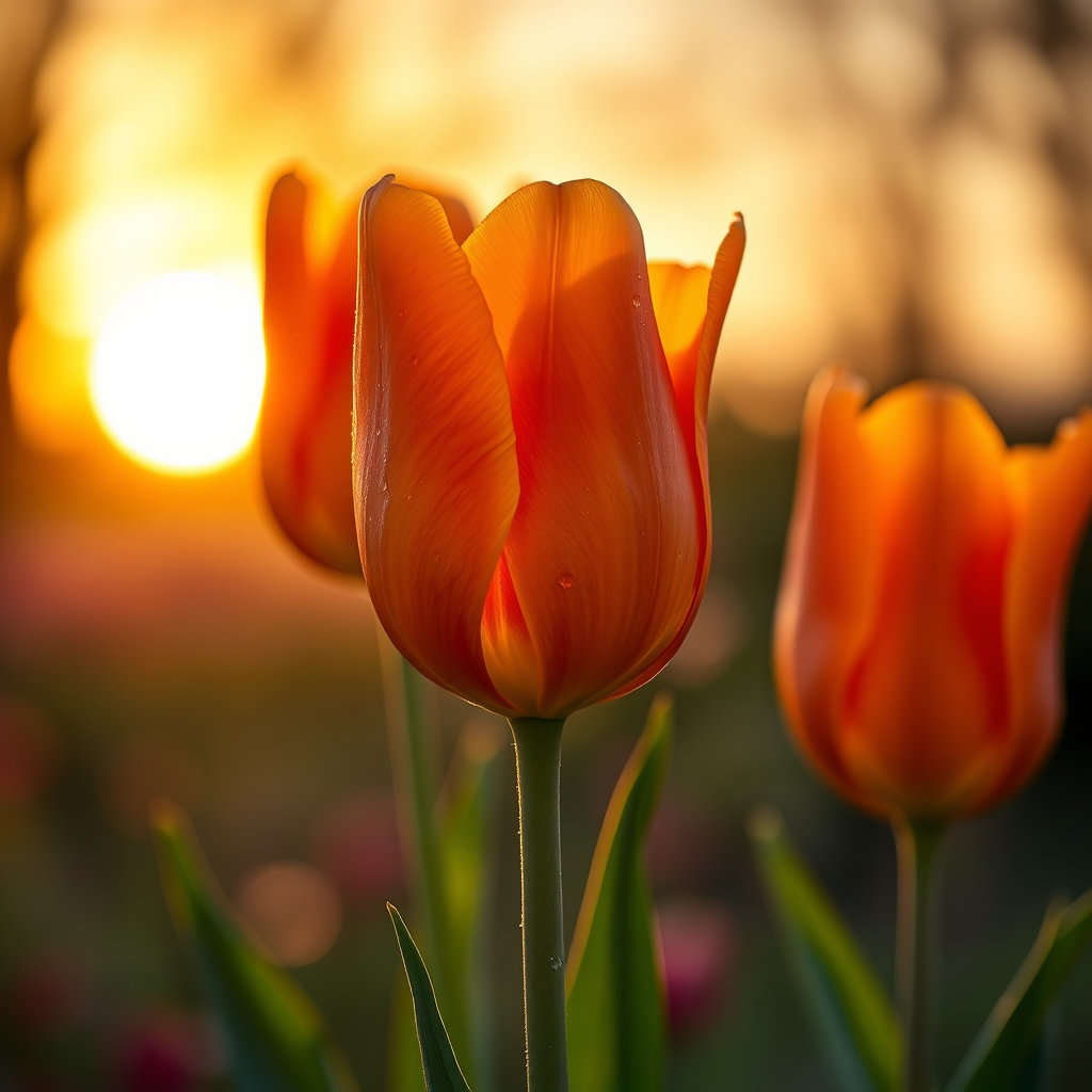 Three magnificent orange tulips in full bloom, positioned prominently as the clear focal point, viewed from a low-angle close-up perspective looking slightly upward. Their velvety petals glow with rich shades of orange, amber, and golden peach, illuminated by a warm sunset. Crystal-clear dew drops cling to the petals and edges, sparkling like tiny diamonds in the evening light.

The tulips appear elegant, fresh, and majestic, with lush green stems and leaves partially visible beneath them. The background is softly blurred with dreamy golden bokeh lights, warm sunset colors, and a gentle glow of amber, peach, and soft pink tones. Delicate light rays filter through the scene, creating a magical yet natural atmosphere.

Ultra-detailed floral photography, macro quality, shallow depth of field, realistic textures, cinematic lighting, breathtaking beauty, serene good evening mood, highly realistic, vibrant colors, professional nature photography, 8K resolution, masterpiece composition, one clear focal point, peaceful and enchanting atmosphere.