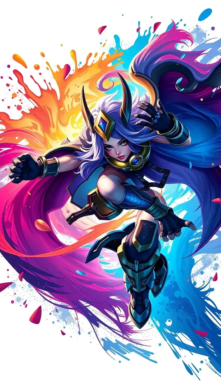 Dynamic splash art style wallpaper featuring a popular League of Legends champion in action pose, vibrant colors and energetic composition, vertical format