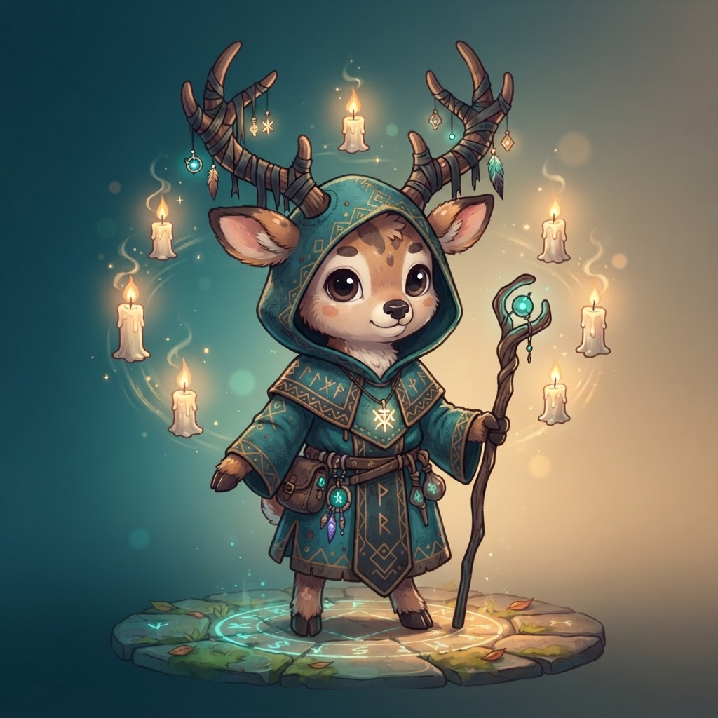 a cute cartoon deer cultist character with antlers wrapped in cloth, teal robe, whimsical dark storybook indie game art style