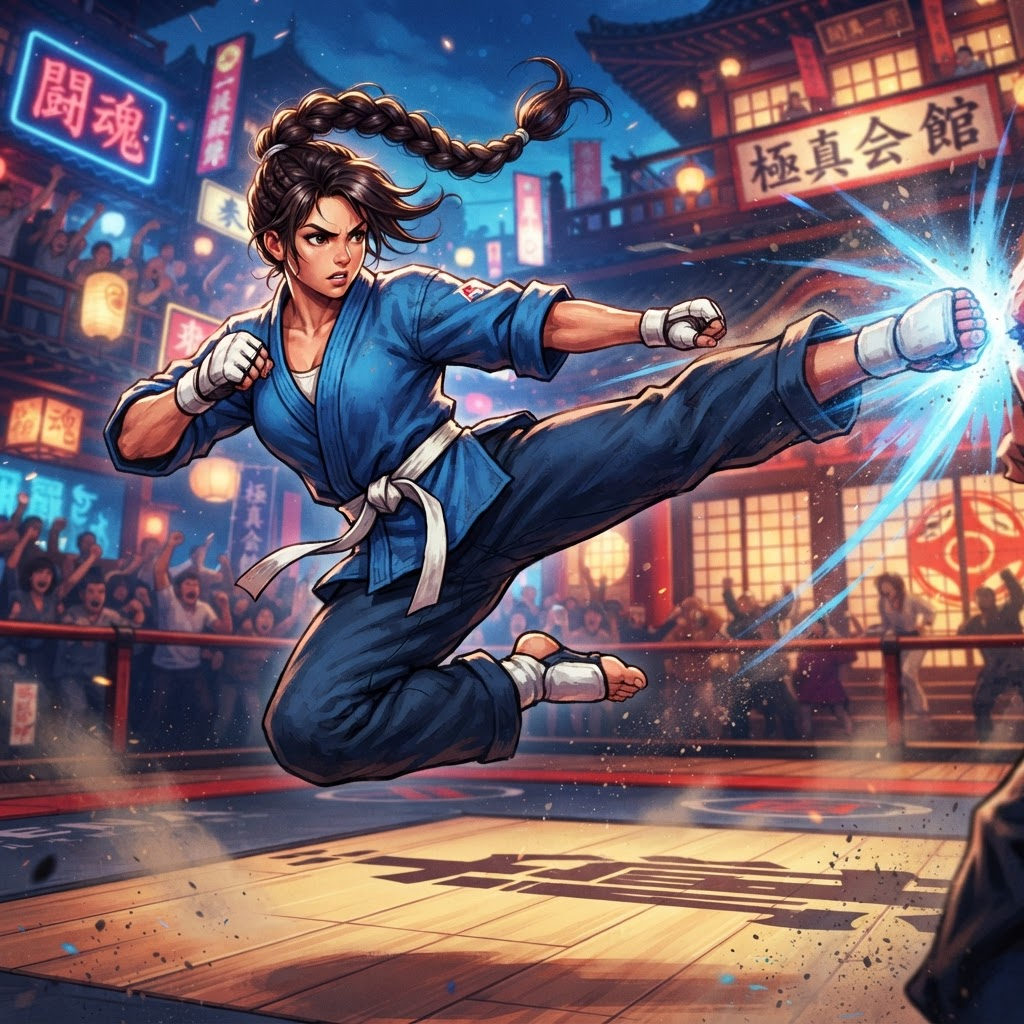 Street Fighter OC, agile female karate fighter, flying kick action pose