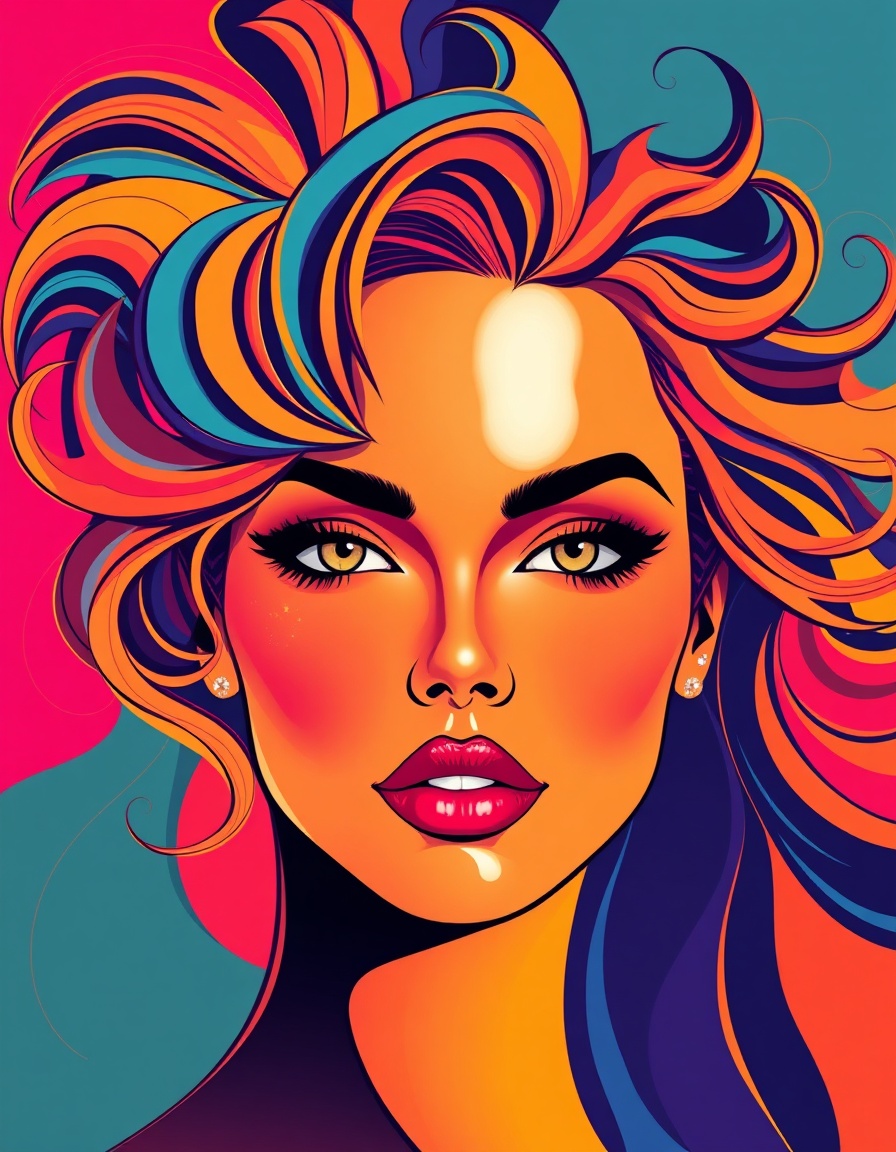 a face rendered in fluid, dynamic vector art with luxurious, sun-kissed tones and sleek, high-gloss lines, set against a backdrop of vibrant, cosmopolitan colors that evoke the glamour of 1970s disco, where the subject's hair is a stylized, exaggerated explosion of curls and waves, with delicate, swirling patterns that blend seamlessly into the surrounding vector art, while the face remains a fusion of elegance and sophistication, with strong, confident lines and shapes that prioritize visual drama, where the subject's features are reimagined in the bold, glamorous style of jason brooks, with a chic, high-fashion twist, where the lines and shapes are sleek and dynamic, and the eyes are dramatic and expressive, with a vibrant, artistic flair that captures the essence of a fashion illustration, where the subject's expression is a fusion of poise and confidence, with a dash of playfulness and creative abandon, as if the lines and shapes are being drawn in mid-air, with a sense of joyful freedom and unbridled energy, where the vector art flows like a stream of consciousness, and the subject's features seem to shift and morph like a puzzle coming together, amidst a backdrop of layered, textured elements that evoke the feeling of shimmering fabrics and polished surfaces, creating a visually stunning, dreamlike atmosphere that dissolves the boundaries between reality and fantasy, with every line and shape infused with the confident, unapologetic spirit of jason brooks's iconic style, where the subject's gaze is a piercing fusion of sophistication and raw emotion, and the overall effect is a mesmerizing blend of high-fashion glamour and artistic rebellion.