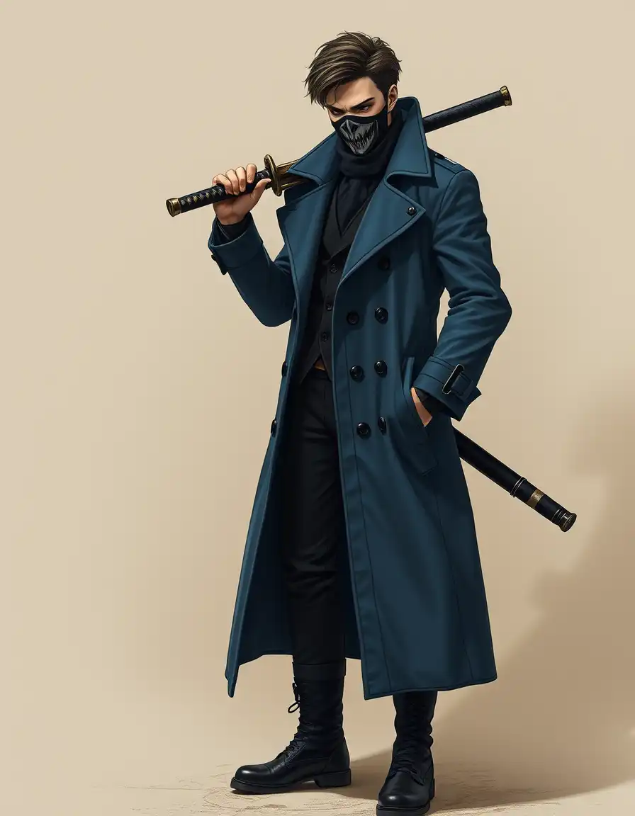 an anime-style man wearing a matte blue trench coat with a high tech sword at his side and an evil mask that terrifies, with a stylish short hairstyle and black stylish boots. the scene is rendered in a matte texture, with subtle, uniform lighting that creates a subdued and naturalistic look, evoking the feel of handling dusty, weathered surfaces.
