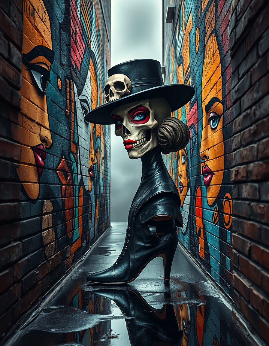 une femme élégante en chapeau skull gothique de cuir noir, bottines courtes à motif skull, entourée de gargouilles sur un fond sombre, dreamlike stillness, couleurs pastel douces, brume légère, contours flous, atmosphère sereine et surréaliste, lumière filtrée par une légère brume, mouvement lent et silencieux.A narrow urban alley becomes a cubist mural that breathes. Every brick is a fragment of color — magenta eyes, teal lips, shards of orange faces — exploding into abstraction. Spray cans hiss like jazz notes. The air smells of paint, ozone, and rebellion. Faces twist across the wall, both broken and unified, telling a thousand stories at once. In the puddles below, reflections fracture again, like Picasso himself tagging reality with chaos. The style merges 1930s cubism with 1990s street graffiti, neon light reflecting off wet brick. The result is explosive and emotional — a living, painted symphony of geometry and defiance.