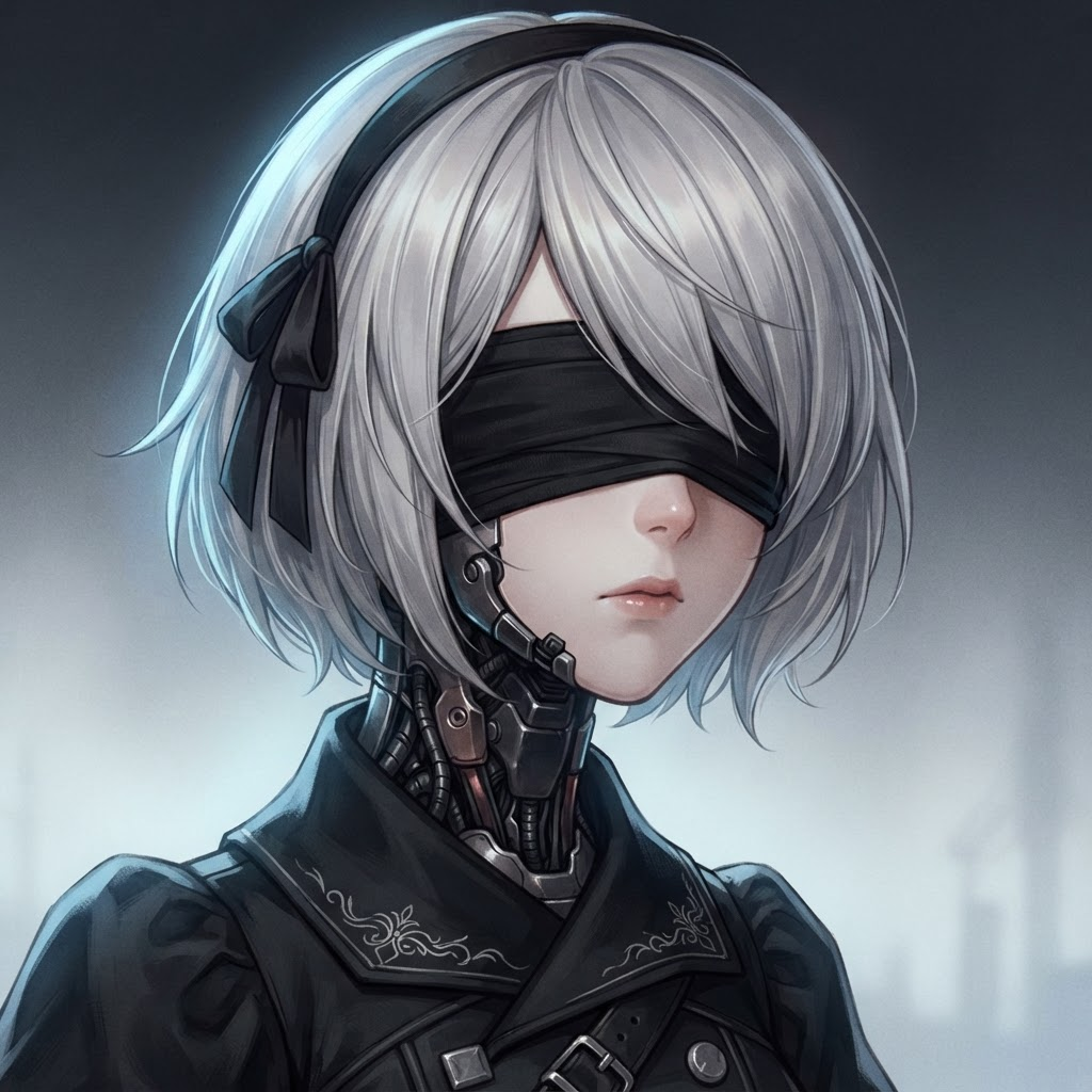 Original NieR Automata style android OC portrait, blindfold, mechanical joints, silver hair