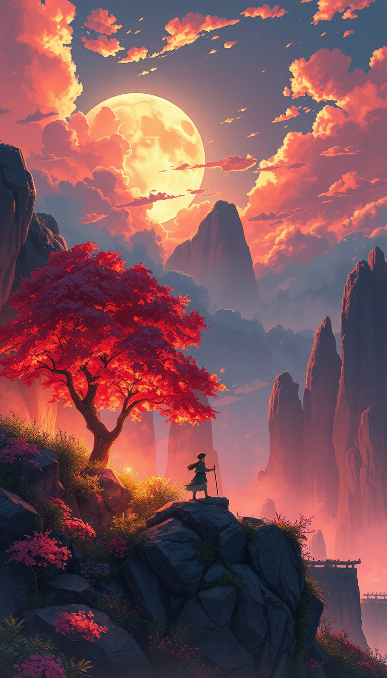 painterly anime style with expressive hand‑painted brushwork and visible paint textures, richly layered strokes and luminous color harmonies, cinematic anime aesthetics and atmospheric illustration, soft blended edges contrasted with crisp focal details, beautifully stylized elegant character design and dreamlike environments, glowing ambient light, dramatic mood lighting, volumetric illumination and radiant highlights emerging from deep shadow, visual poetry and enchanting atmosphere, breathtaking sense of wonder, richly textured skies with painterly clouds, shimmering reflections, emotional storytelling, subtle canvas texture, dynamic brush movement, cinematic composition and atmospheric depth, fantasy‑inspired beauty, immersive world‑building, glowing particles, majestic scenery, painterly realism blended with anime stylization, expressive color grading, soft haze, luminous twilight, magical ambiance, highly detailed yet not photorealistic, evocative and timeless premium illustration quality. dominant palette of glowing oranges, burnished golds, fiery reds and copper highlights bathed in warm sunset light, radiant amber illumination contrasting deep midnight blues, rich navy shadows, moonlit azure atmospheres and cool indigo depths, dramatic warm‑versus‑cool color contrast with golden light spilling into blue darkness, luminous embers against twilight skies, brilliant warm focal points emerging from vast cool environments, painterly color transitions, rich cinematic color storytelling, atmospheric chiaroscuro, glowing warmth surrounded by mysterious blue shadow. anime key visual painted background art, feature film concept painting, illustrated cinematic frame, hand‑painted environment design, atmospheric anime landscape, detailed matte painting, visual development artwork, awe‑inspiring and imaginative. everything rendered in vibrant hot pink, a beautiful and vivid pink saturation dominating the scene. delicate pastel bases of soft pinks, mints and baby blues overcharged with sudden acidic jolts of neon lime and electric magenta, edges bleeding between gentle and toxic, the palette sweet yet corrosive, fragile hues destabilized by searing intensity. an eerie sunset glow casts long shadows and sharp, vibrant colors across the scene. organic growth integrates seamlessly: surreal trees, indoor vines, creeping roots and trailing branches intertwine with the environment, matching the painterly style, lighting and color palette, casting correct shadows, wrapping naturally around architectural elements and merging with the floor. iris explosion fills objects with irises of every color, a rainbow seam bonding the world together. opalescent iridescent hues shimmer like crushed fire opal under a rising sun, creating an iridescence effect. neon glow provides high‑intensity narrow‑bandwidth lighting, colored light sources emit vivid edge lighting and chromatic reflections, neon tubes create sharp specular streaks on smooth surfaces and soft saturated patches on matte surfaces, deep cool ambient shadows heighten contrast with glowing edges. nuclear liquid fluid glow adds chemical‑like glowing liquid colors. hyper realistic digital art texture with detailed naturalistic lighting and precise forms, seamless transitions and crisp edges. dopamine maximalist vibrancy floods the scene with unapologetic neon rainbow colors, no exception. a small fluffy white cat with glowing green eyes perches on a moss‑covered bench in an ancient hidden courtyard, beside an elegant wooden cello whose intricate strings shimmer with iridescent sheen, scattered sheet‑music notes float nearby, a soft pastel glow surrounds a tiny music stand, the cat gazes toward an invisible audience, while pink, pastel, neon and iridescent light flood the towering cyber‑punk skyline, luminous trees, iris flowers, chemical glows and surreal colors remain as before.