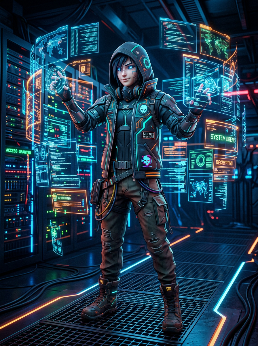 Original character for Meta Runner: a hacker in a hooded jacket surrounded by floating holographic screens, full body, stylized 3D anime style, dark server room with neon glow