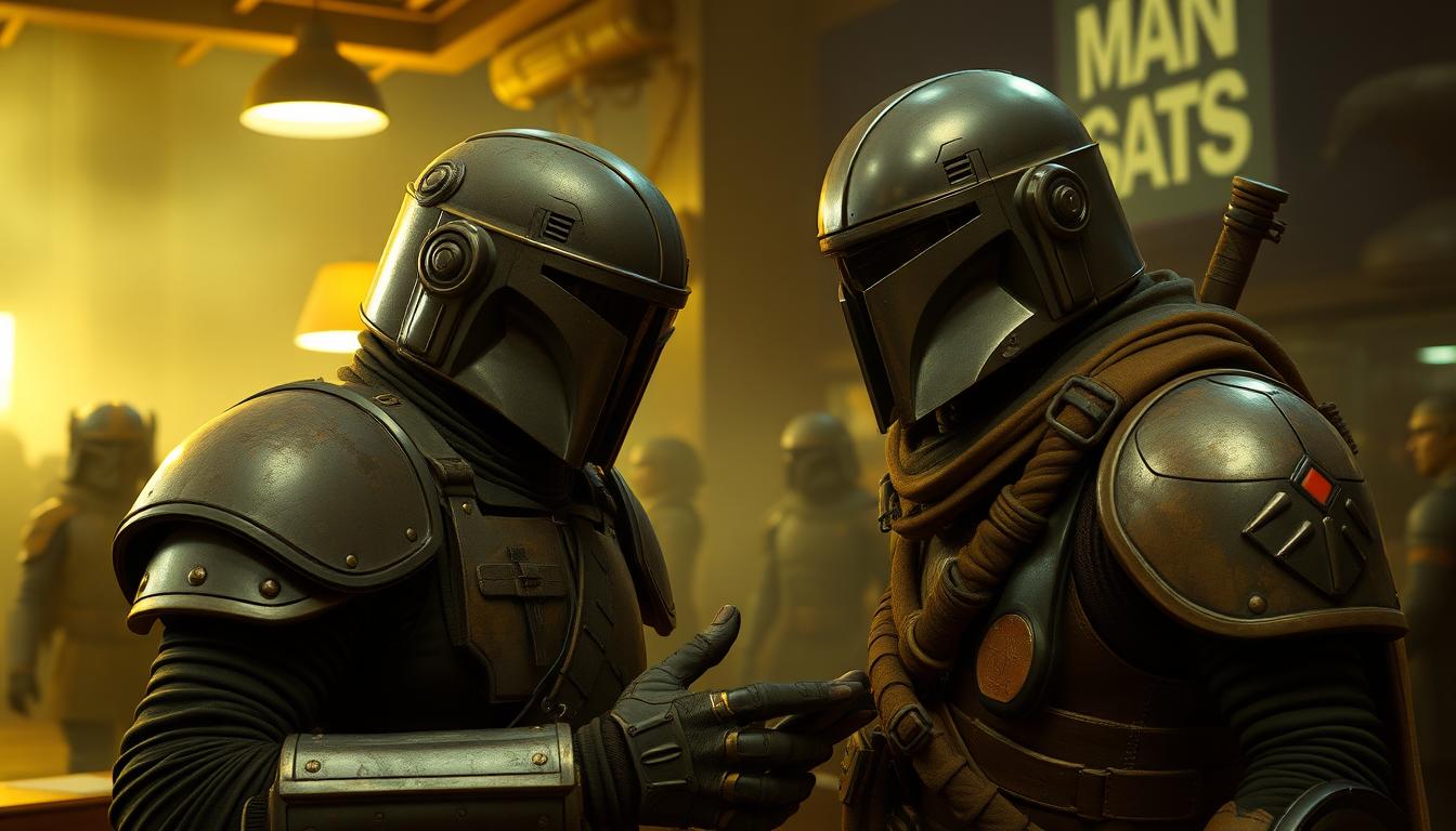 A bounty hunter in mismatched, worn armor and a full-face helmet, negotiating with an alien creature in a crowded, smoky spaceport cantina.