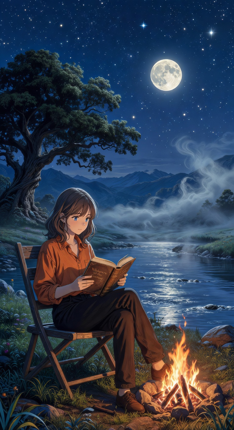 A still-life anime-style photograph of a young woman with brown hair and blue eyes, dressed in an or