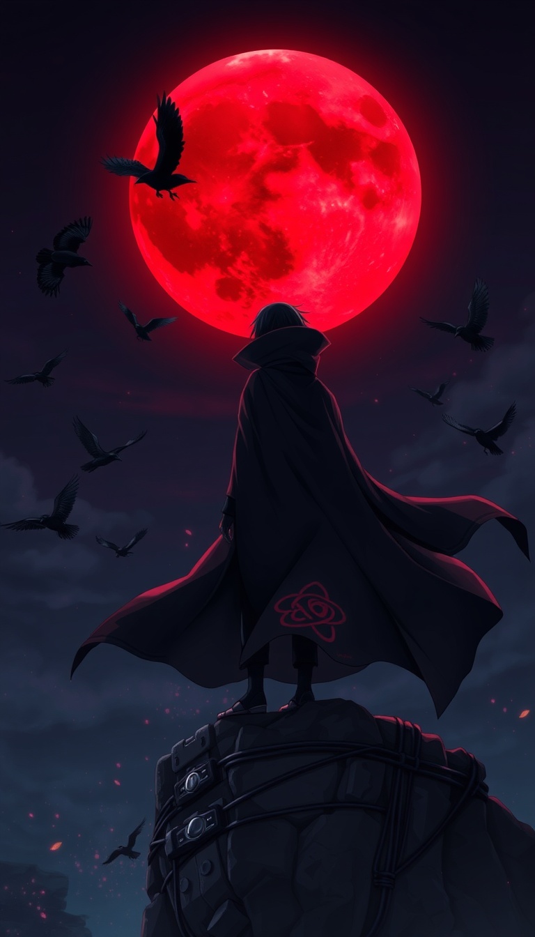 Itachi Uchiha standing on a cliff under a blood-red moon, crows flying around, Akatsuki cloak flowing in the wind, glowing Sharingan eyes, dark atmospheric lighting, cinematic anime art, 4K ultra-detailed.