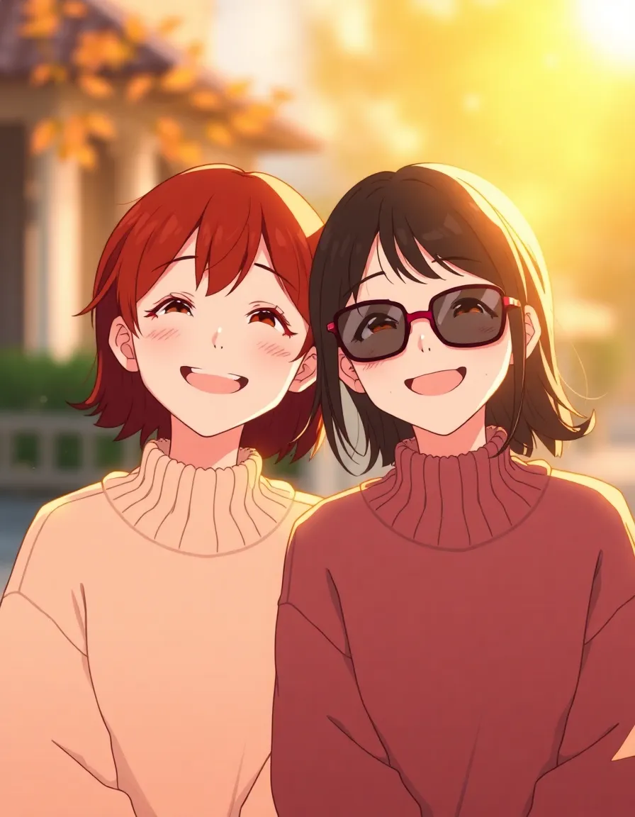 Prompt
Anime-style matching icons of Arima Kana and Kurokawa Akane from "Oshi no Ko", both smiling brightly in soft golden hour lighting. Kana has her signature short red hair, sparkling eyes, and a playful, joyful expression. Akane has her medium-length dark hair, wearing stylish sunglasses with a warm, relaxed smile. Both characters are side by side in similar cozy autumn outfits — oversized sweaters in pastel tones. Background is soft and slightly blurred, showing warm outdoor light. Soft shading, high detail, matching framing, ideal for profile icons. Image Style: Anime - Studio Ghibli style, hand-drawn animation, colorful palette, soft lighting, whimsical fantasy scenery, detailed backgrounds