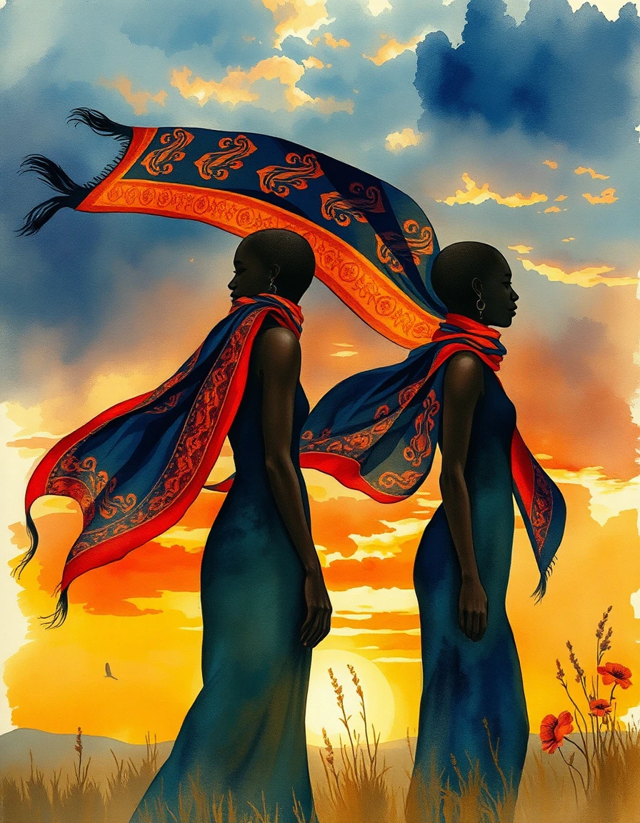 dutch masters detailed watercolor painting with soft focus, feathery brush strokes, wet blending and delicate texture, intense chiaroscuro and impasto brushstrokes, depicting african silhouettes adorned with intricate patterns and wearing a trailing silk scarf in vibrant indigo and ochre, its fabric whipped by dramatic wind and illuminated with dynamic lighting, rendered in a bauhaus geometric aesthetic of flat vector shapes and sharp edges. the figures stand before a moody sunset sky, deep lapis and warm gold hues, with subtle rose‑tinged flesh and nuanced greens. lithograph‑ink texture hints beneath the glazed layers, and calligraphic floral ornamentation frames the asymmetrical composition.