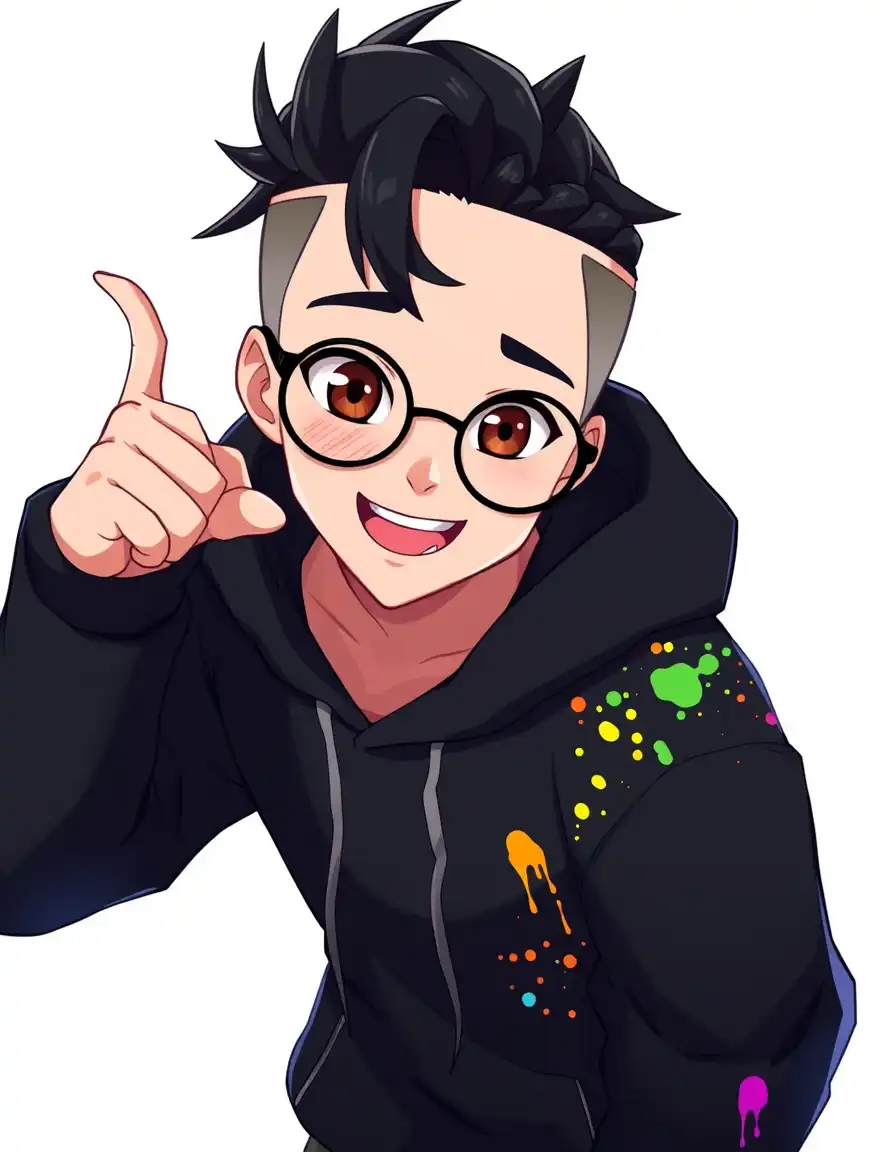 A cartoon VTuber with glasses and a paint-splattered hoodie