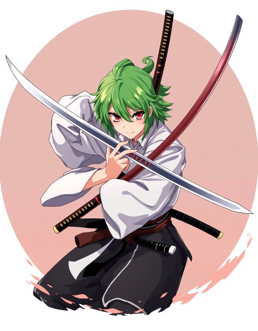 green-haired anime swordsman with three katanas