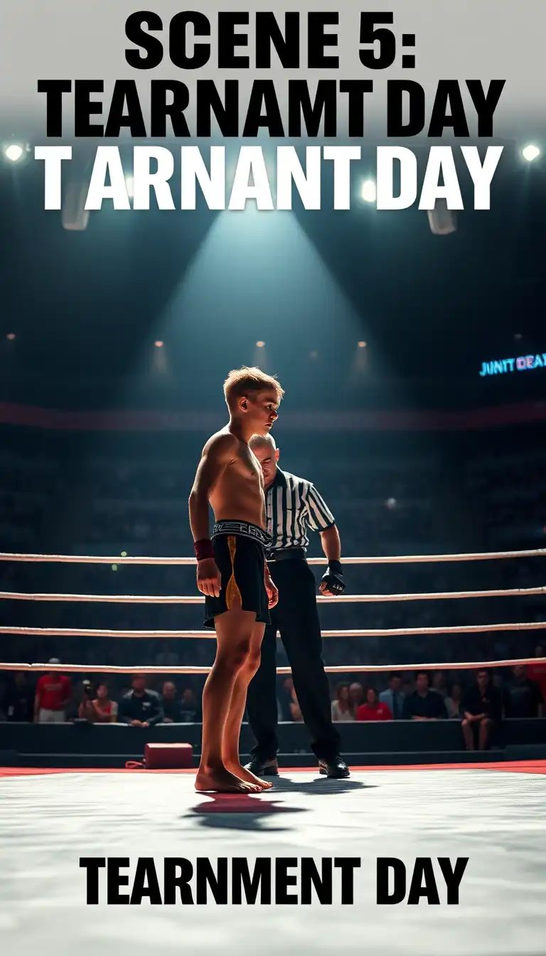 SCENE 5 โ TOURNAMENT DAY
Prompt:
Cinematic martial arts tournament scene, young fighter standing barefoot on a competition mat inside a crowded arena, opponent facing him, referee between them, spotlight lighting from above, crowd blurred in background, dramatic tension, cinematic color grading, ultra-realistic, inspirational sports movie still, 4K
