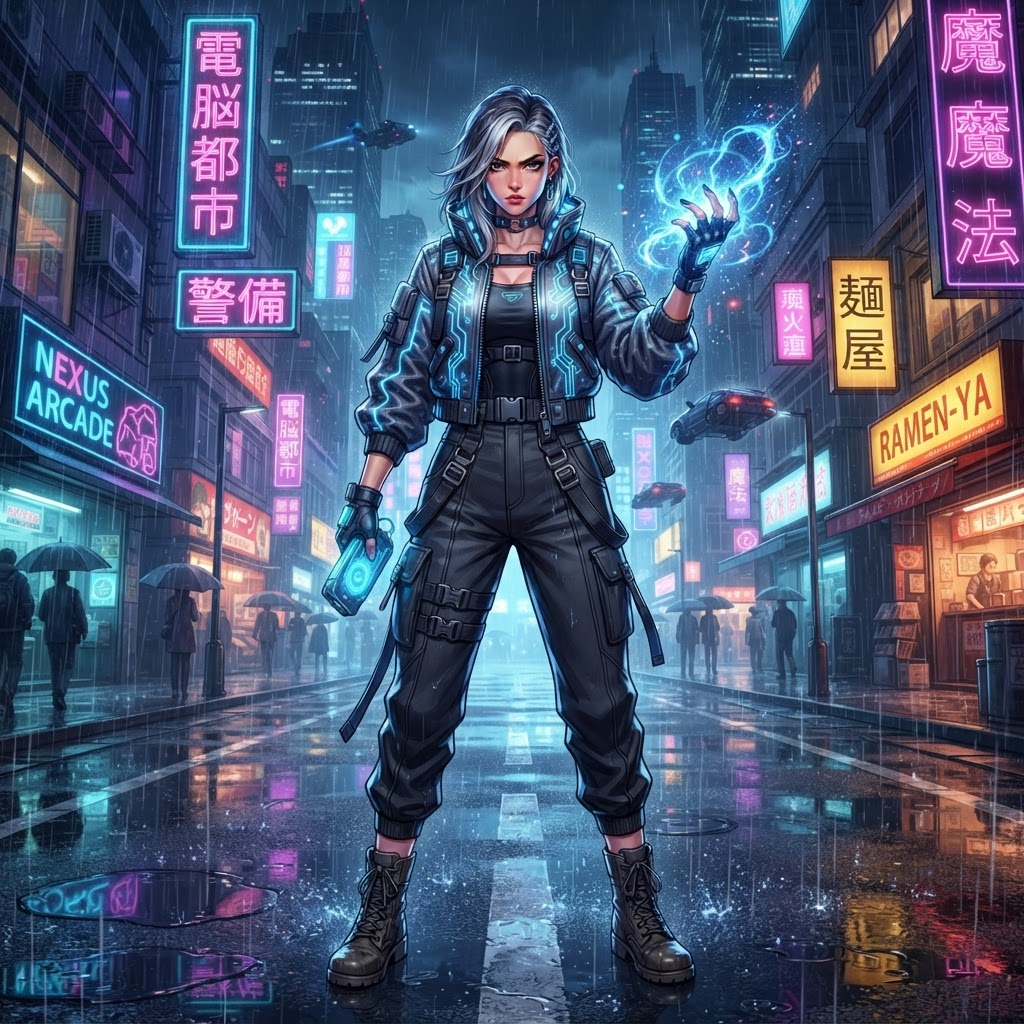original character: a stylish esper in a futuristic bomber jacket with glowing circuit trim standing in a rain-slick neon city street, hand crackling with blue energy, high-gloss urban supernatural anime game art, clean soft gradient studio background, vibrant, crisp high detail, digital illustration