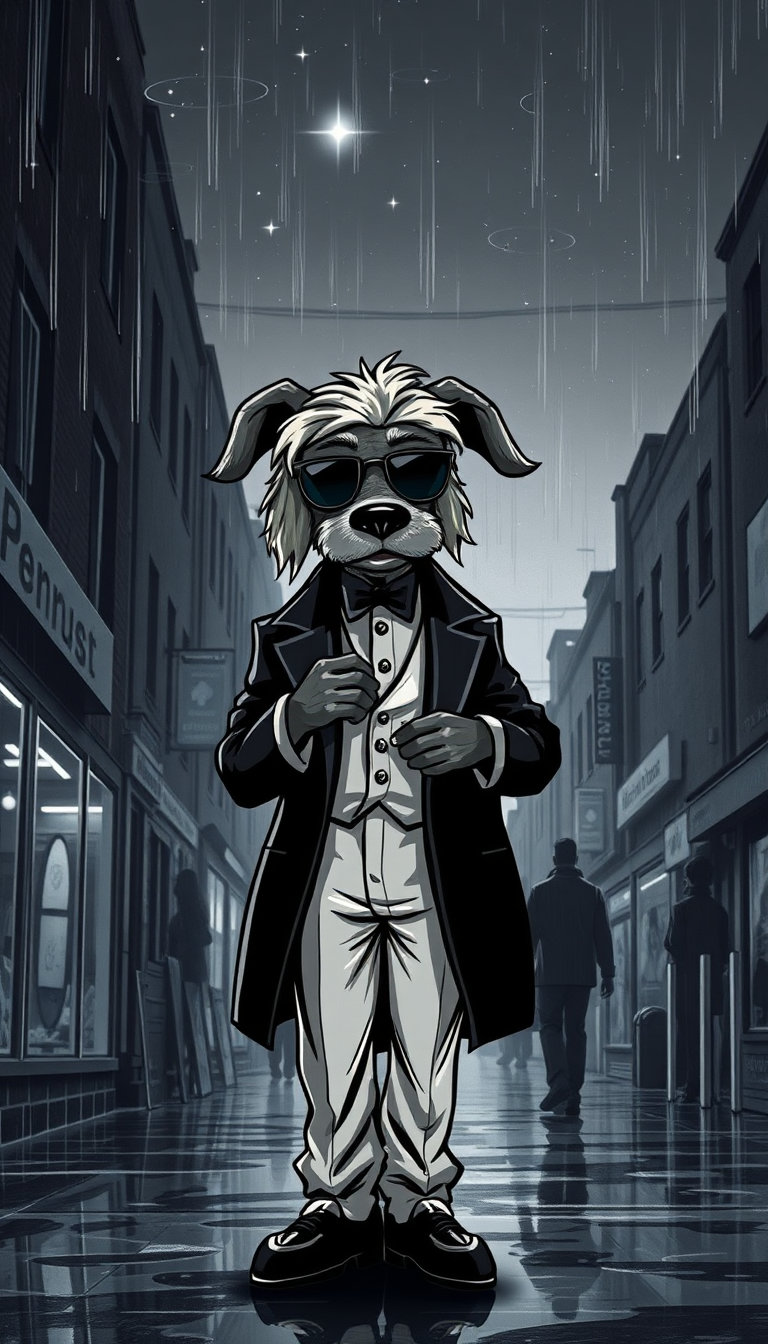 cartoon anthropomorphic maltese celebrity stylist in elegant luxury fashion, adjusting outfit under a lone starry sky, mystery noir mood, tension‑filled shadows, rain‑slick streets, curling smoke, neon flickers on glass, deep blacks and sharp whites, metallic reflections, monochrome palette, poetic melancholy, noir palette.