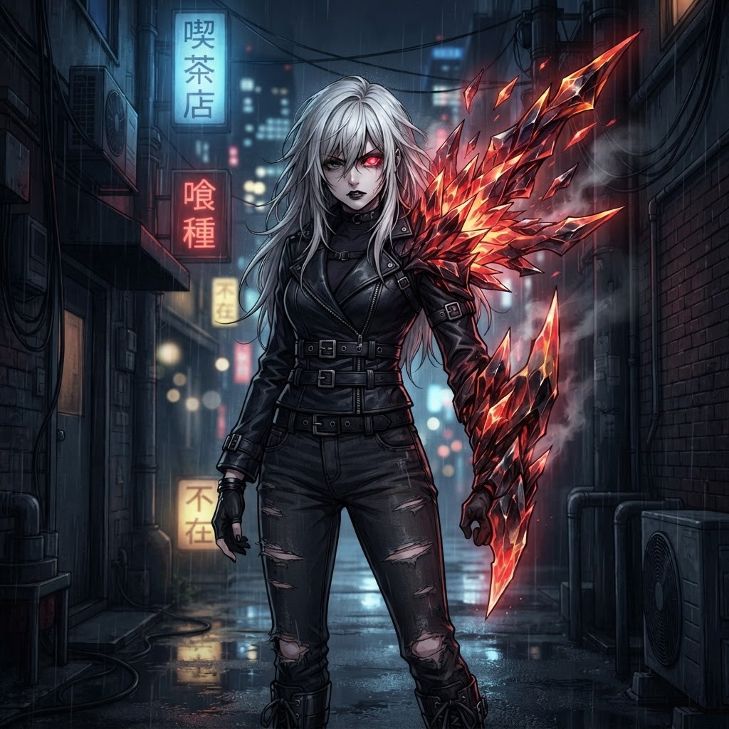 original Tokyo Ghoul style anime OC, female ghoul character with crimson crystalline koukaku kagune wing, glowing red kakugan eye, white hair, dark leather outfit, rainy Tokyo alley