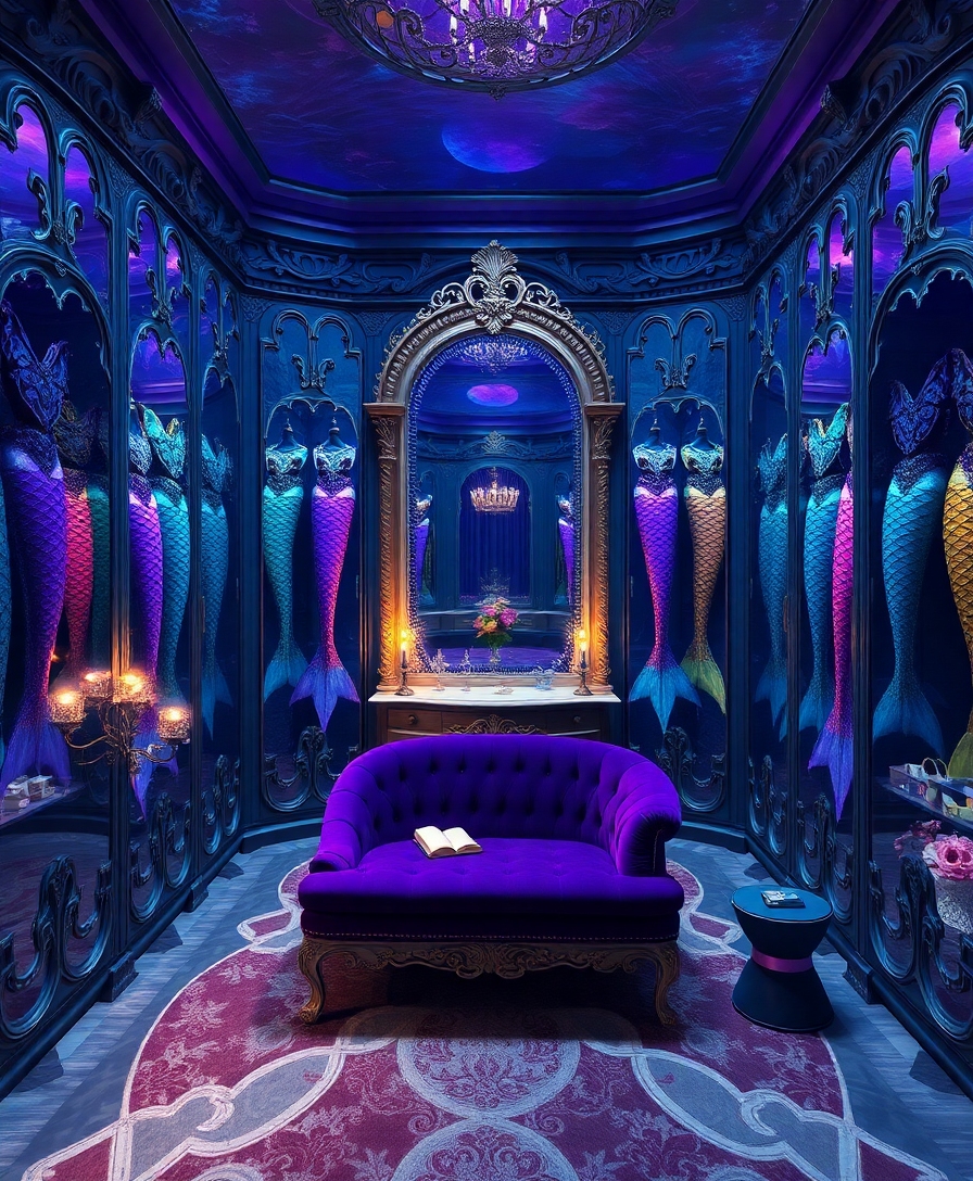 Breathtaking luxury underwater fantasy dressing room, floor to ceiling wardrobes carved from dark coral displaying iridescent mermaid tails in every color, purple silver teal peach and gold, ornate shell top accessories displayed on velvet stands, a three panel ornate mirror reflecting purple moonlight, a central island display case showing crown jewels and royal accessories, pearl and crystal vanity lights surrounding the mirror, a purple velvet chaise lounge in the centre, Lunette's pearl measuring book on a small side table, cinematic dark romance fantasy photorealistic,
