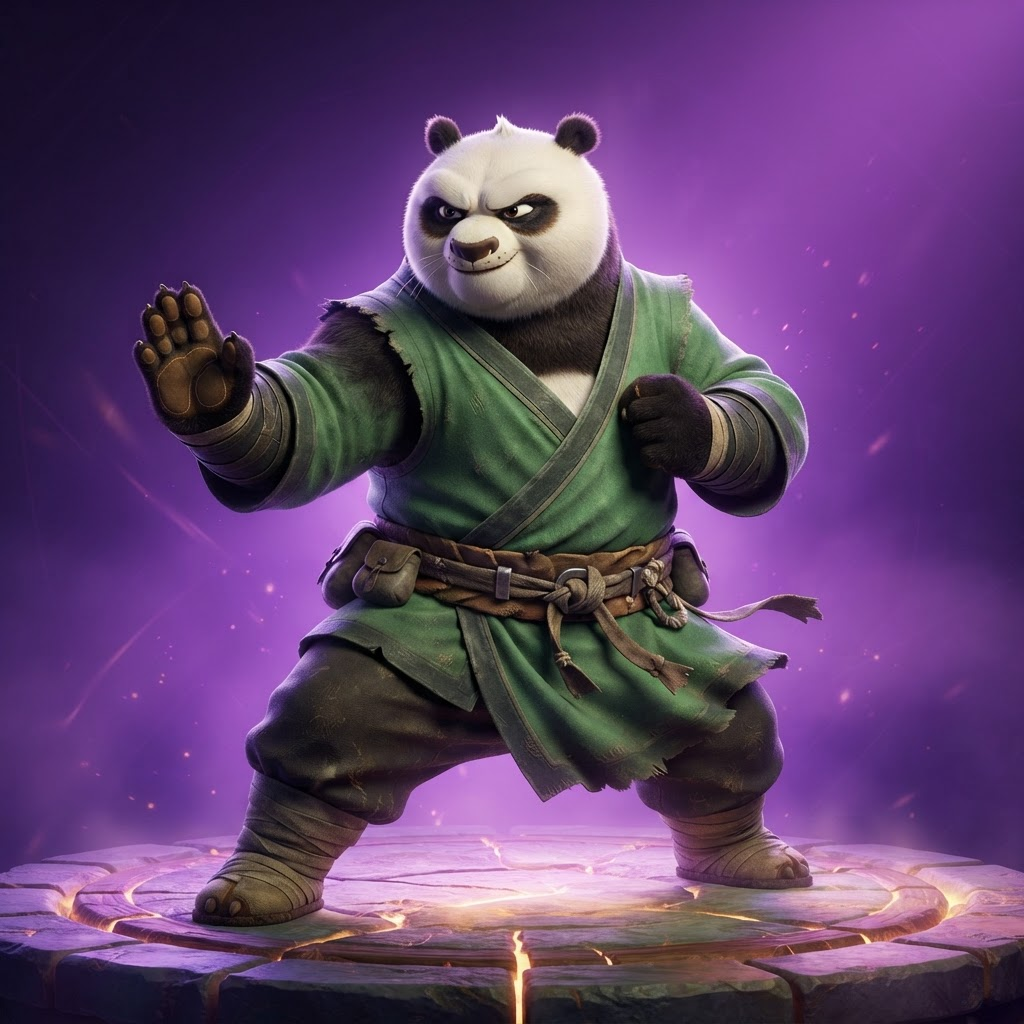 original anthropomorphic giant panda martial arts warrior character, green cloth robes and belt, confident fighting stance, full body, stylized 3D animated movie render, vibrant purple gradient studio background, crisp high detail, no text, no words, no watermark