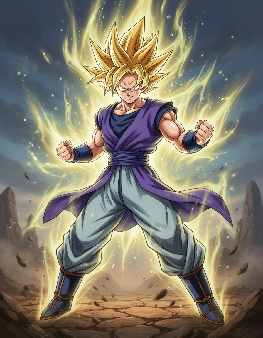 Create an original anime warrior character with spiky hair, glowing energy aura, and a confident battle stance. Do NOT copy any existing anime character. Use unique hair shapes, unique clothing, and original colors. High‑detail anime style, dynamic lighting, clean line art, suitable for D