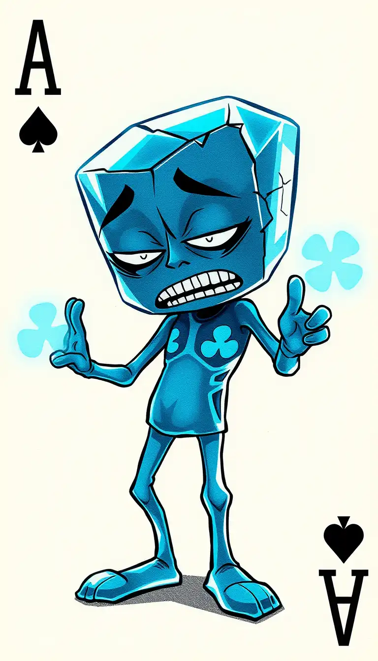 A Cuphead style character, an anthropomorphic crystal playing card (Ace of Clubs), 1930s rubber hose animation. The character is exhausted and cracked, body made of glowing blue translucent glass with visible fractures. Eyelids drooping, limbs made of thin blue energy, fading light effect, flickering glow. Hand-drawn, vintage animation aesthetic, grain texture, muted glowing palette