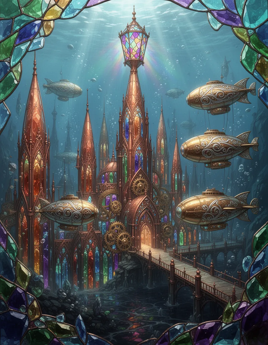 in a majestic underwater metropolis, rendered entirely in the kaleidoscope hues of stained glass, a wondrous cityscape unfolds. towering spires of copper-hued glass, adorned with intricate copper-colored filigree, rise from the ocean floor, as if crafted by the master artisans of a bygone era. the architecture is a testament to the ingenuity of steam-powered innovation, with elaborate brass gear mechanisms that govern the city's operations and infrastructure. vibrant glass shards of emerald, sapphire, and amethyst refract and reflect the soft, ethereal light that filters down from the surface, casting an otherworldly glow across the city.
brimming with an air of whimsy and adventure, the aquatic metropolis is dotted with magnificent blimp-like submarines, their gleaming brass bodies etched with swirling patterns of silver and gold. these airships, now a staple of nautical travel, gently dock at the city's magnificent landing piers, as if floating on a sea of molten glass. atop the city's tallest spire, a delicate stained glass lantern casts a kaleidoscope of colors across the city, bathing the surroundings in an enchanting radiance that seems almost otherworldly.
as the eye roams across this fantastical scene, a tapestry of stained glass hues shimmers and dances, like a kaleidoscope turned by an unseen hand. the metropolis, with all its breathtaking beauty and technological wizardry, seems an enchanted creation, crafted from the very essence of glass itself. in this subaquatic world, where art and science entwine, the impossible has become a breathtaking reality, forged from the marriage of imagination and the wonders of stained glass.
