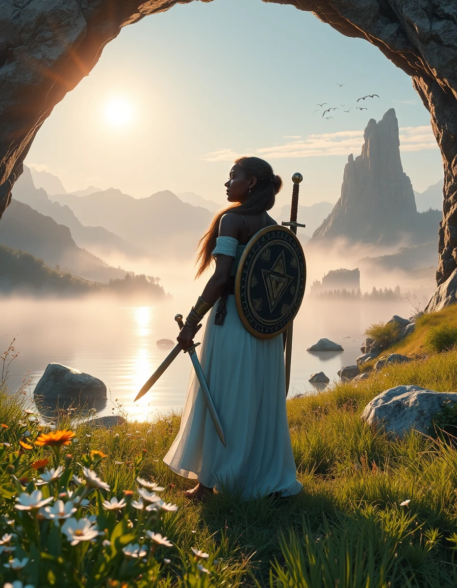 a misty, moonlit mountain lake on a warm summer evening, the sun just below the horizon, sky shifting from soft blue to glowing orange, pink, and purple, reflecting on the calm water; a lone young black woman in a flowing white gown stands at the lake’s edge, her feet gently submerged, long dark hair drifting around her heart‑shaped face with a few loose strands framing it, eyes closed and head tilted upward, exuding peace, serenity, and deep connection with nature; rendered in hyper‑realistic 4k detail with intricate textures, realistic lighting, soft chiaroscuro, and vibrant saturated colors in a complementary green‑gold harmony; in the same scene, an elven warrior heroine stands back‑facing, poised in a contemplative stance, pointed ears, blonde hair tied in a ponytail, wearing a blue tunic, brown leather bracers, armored greaves, holding dual swords (one sheathed, one drawn) and an ornate circular shield with a triangular emblem, accompanied by a quiver and utility belt, her heroic proportions featuring slightly elongated limbs; the setting is a lush mountainous valley framed by a natural rock arch, late‑morning golden hour light transitioning to afternoon, clear sky with soft haze, gentle breeze hinted by moving foliage; foreground filled with white, yellow, and orange wildflowers, tall grasses, moss‑covered boulders, and leafy undergrowth; background shows distant jagged peaks, mist‑shrouded mesas, a flock of birds in flight, and towering monolithic rock spires forming a visual frame; atmosphere of serene awe, quiet determination, hopeful anticipation, with subtle motion, calm meditative mood and underlying narrative tension; lighting from diffused sunlight upper left, ambient sky glow, soft backlighting through the rock arch, warm golden highlights, cool blue shadows, low contrast, high fill, soft volumetric shadows, subsurface scattering in grass, atmospheric perspective in distance, lens‑flare‑like bloom on sunlit areas; composition is a full‑body vertical shot, eye‑level perspective slightly elevated, natural framing by the rock arch, subject centered horizontally, placed in the lower third gazing toward the upper‑right quadrant, following rule of thirds and golden ratio, leading lines through path and rock edges, three depth layers of detailed foreground flora, midground figures, atmospheric background mountains, negative space of sky and distant haze; textures showcase organic vegetation, weathered stone, fabric textiles, metallic armor, soft grass blades, rough rock surfaces, smooth shield finish, worn leather straps, anisotropic specular highlights on metal blades and shield rim, diffuse reflection on fabric and skin, subtle scuffs on armor, dust on boots, natural decay on rocks, frayed fabric edges; captured with a medium‑long shot using a 50mm‑equivalent focal length, shallow‑to‑mid depth of field with sharp foreground focus and softly blurred background, circular soft‑edged bokeh, subtle chromatic aberration at high‑contrast edges, and slight vignetting at the corners.