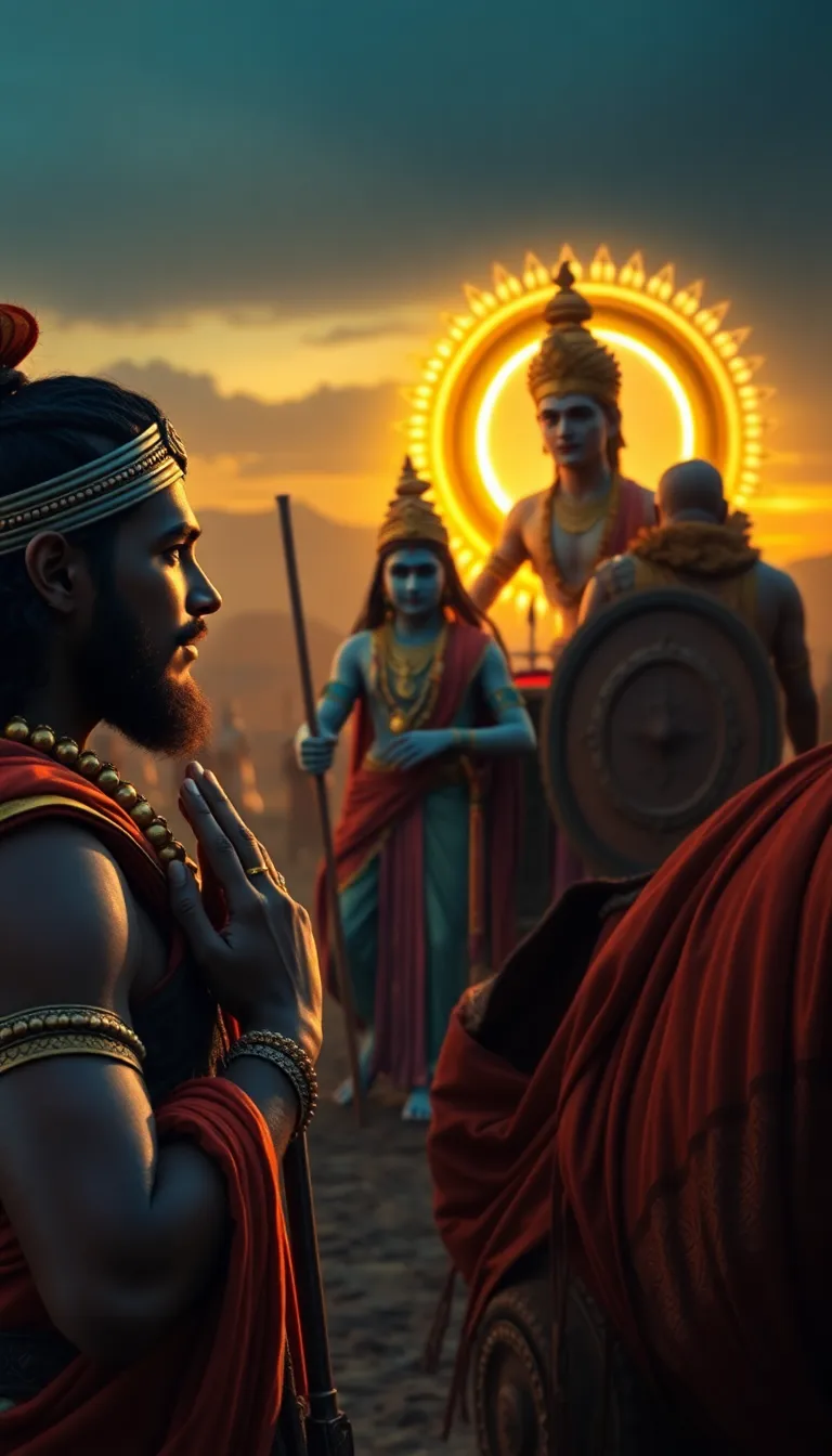 “Cinematic scene of the Mahabharata battlefield at dawn. Arjuna, a warrior prince with bow in hand, folds his hands respectfully before Lord Krishna. Krishna stands calmly as charioteer, glowing divine golden aura behind him. Camera close-up on Arjuna’s curious and humble face. Epic, realistic, highly detailed.”