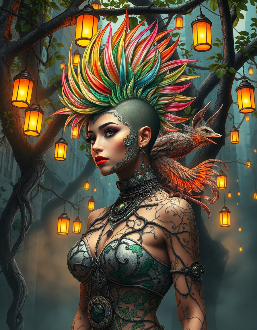 a confident femme punk figure with a vibrant rainbow mohawk fused with intricate tree bark patterns, gnarled tree roots, and leaves that blur, standing before an urban concrete backdrop of geometric lines now sprouting lush, verdant foliage bursting from cracks in the concrete and vines wrapping the city streets, forming a verdant oasis amid the urban chaos, accompanied by a delicate hand‑embroidered silk phoenix, its beading and sequins catching candlelight and intricate threads shimmering in pastel shades, and a mystical kitsune spirit with nine tails, glowing ember eyes, wreathed in spectral flames; warm glowing lanterns suspended from the tree branches cast soft candlelight and gentle wisps of smoke, creating a misty atmosphere in pastel peach and lavender hues, while divine devotion mood envelopes them in radiant golden light, swirling incense smoke, and a timeless atmosphere of reverent chanting, rich vermillion, saffron and gold hues casting a sacred glow, all within a mystical forest atmosphere.