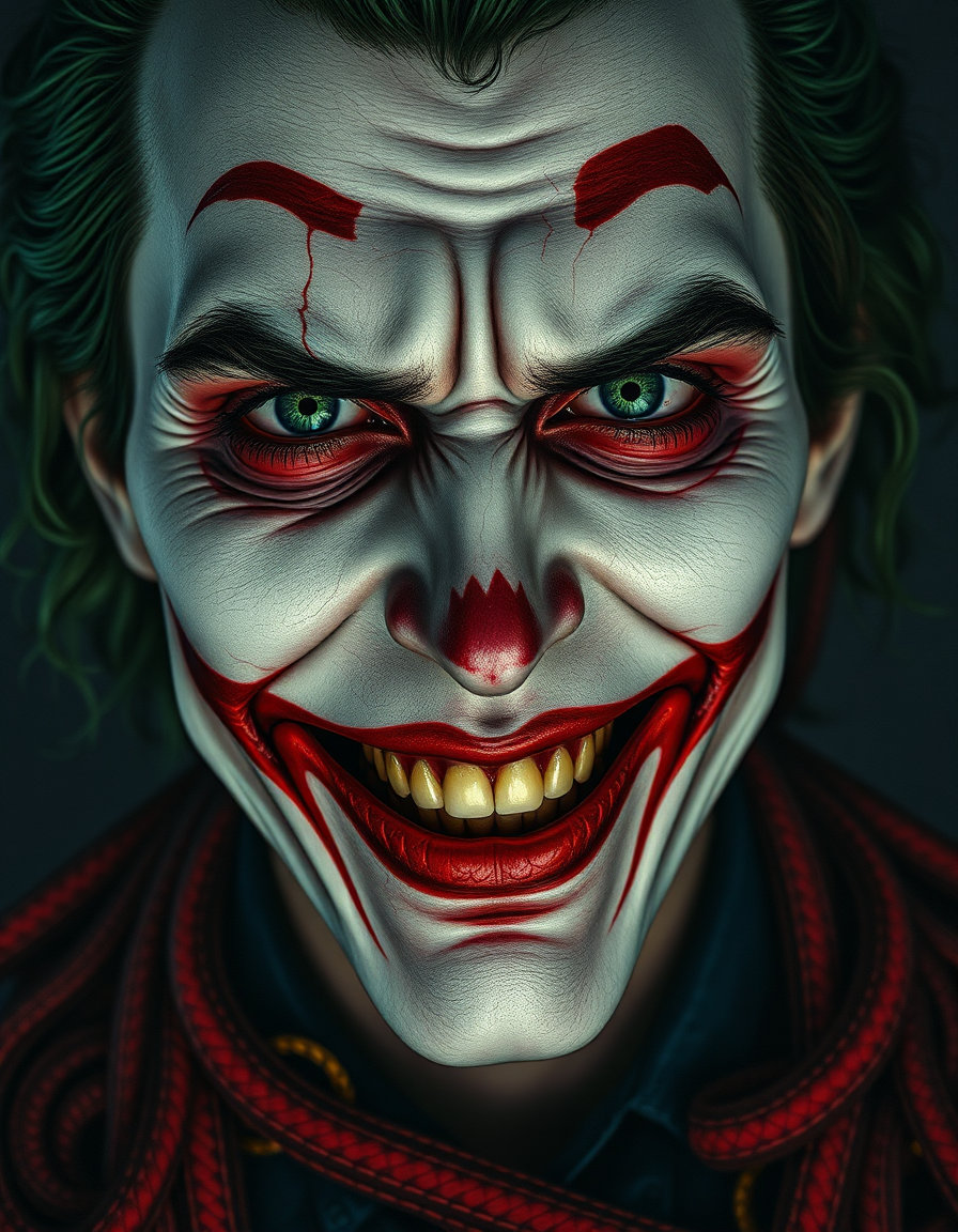 a close‑up of an unsettling joker‑inspired face, pale translucent skin, cracked red makeup and an unnerving smile, captured from an off‑center first‑person angle with harsh side lighting and deep inky shadows; rendered in a celtic knotwork illumination style, the interlacing ribbons of deep red, gold, malachite green and ultramarine weave over the features, forming serpentine bands and zoomorphic spirals that fill the dark textured background, giving the portrait a hypnotic, ancient, densely patterned glow.
