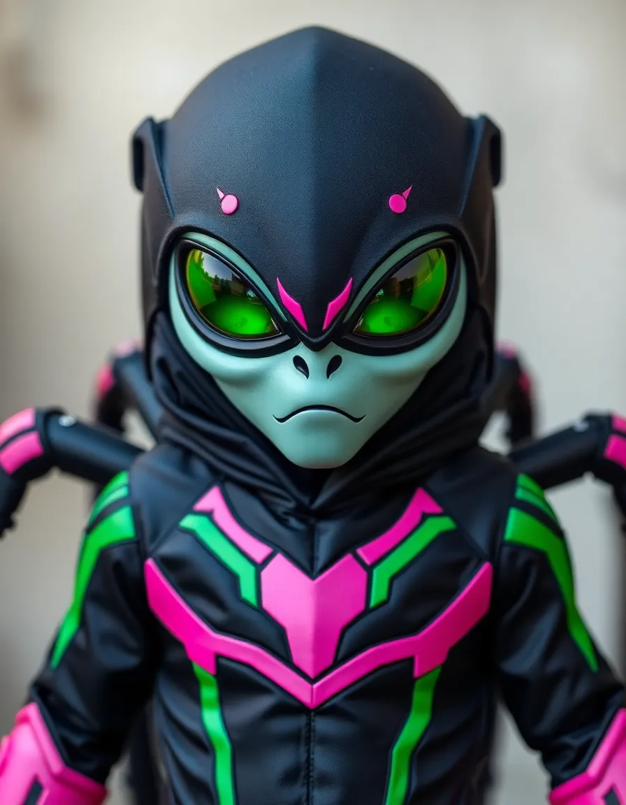 An alien spider wearing a black, pink and green hero costume in a comic-style design.